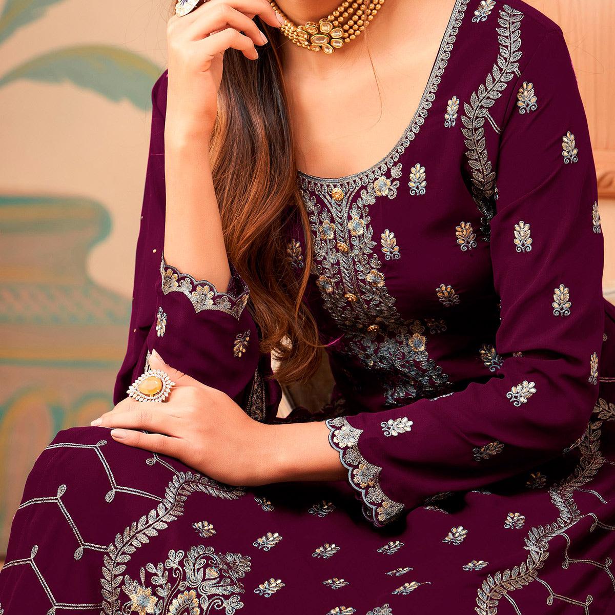 Purple Floral Embroidery Designer Georgette Partywear Suit - Peachmode