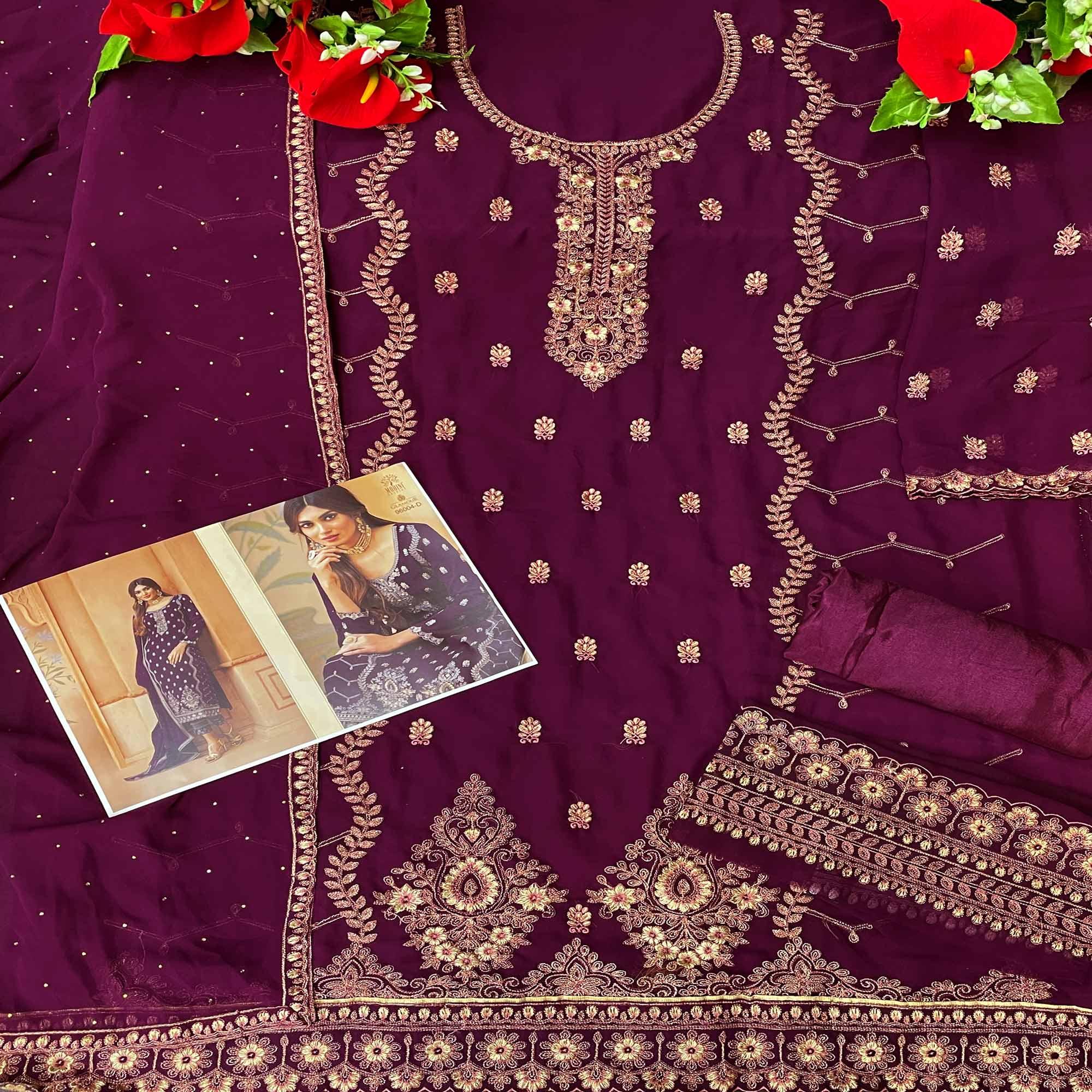 Purple Floral Embroidery Designer Georgette Partywear Suit - Peachmode