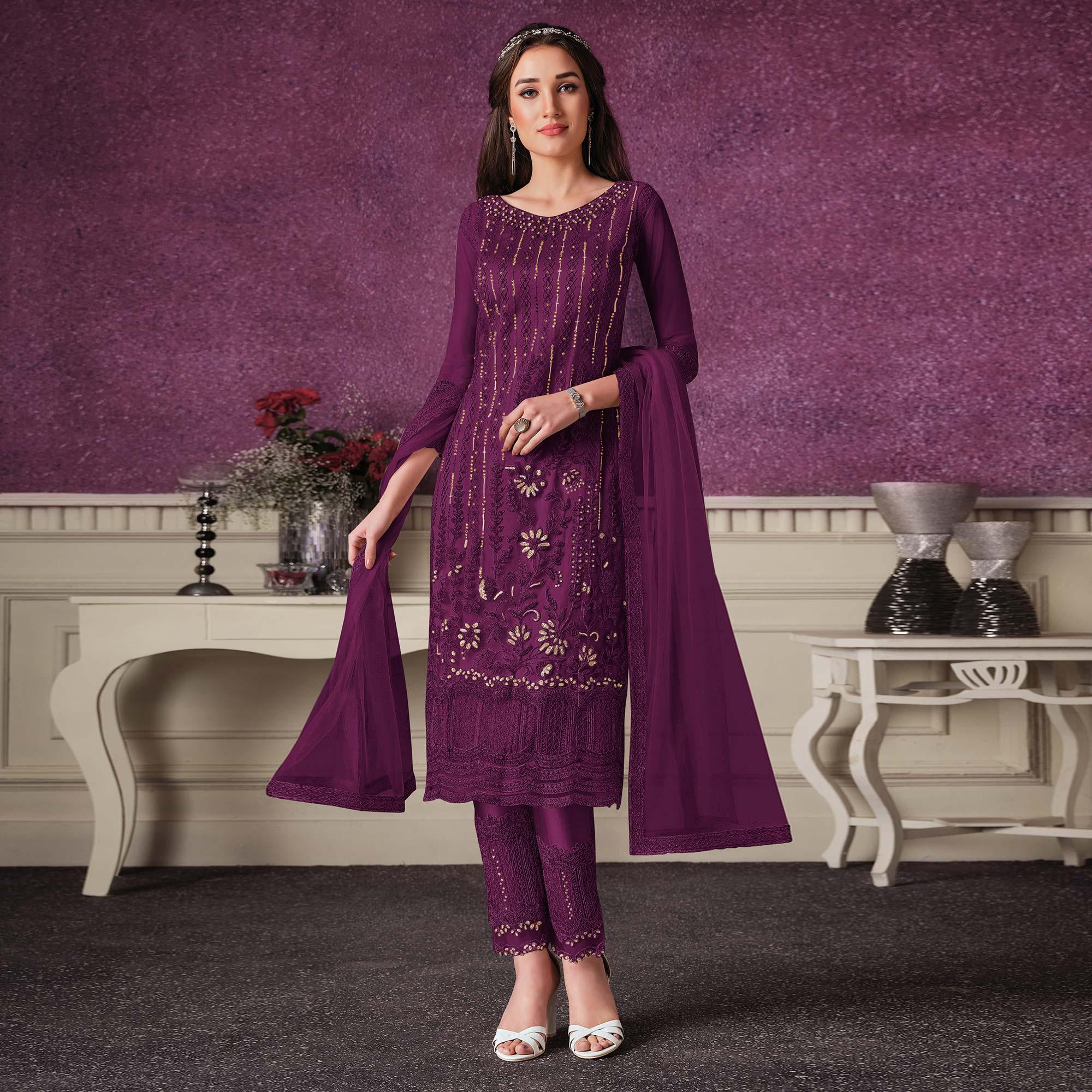 Purple Floral Embroidery Designer Heavy Butterfly Net Partywear Suit - Peachmode