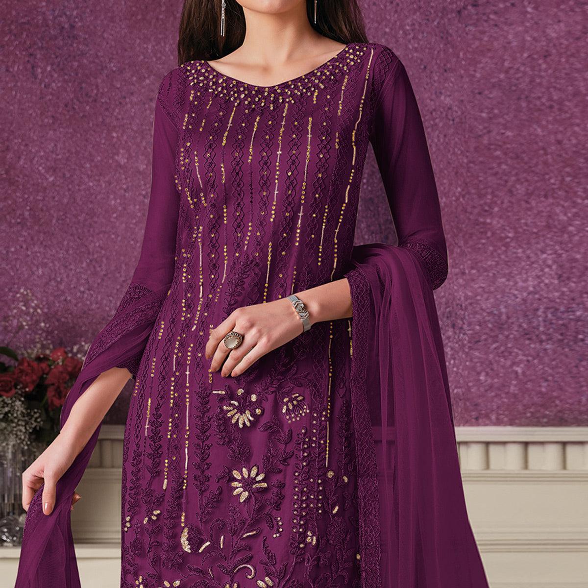 Purple Floral Embroidery Designer Heavy Butterfly Net Partywear Suit - Peachmode