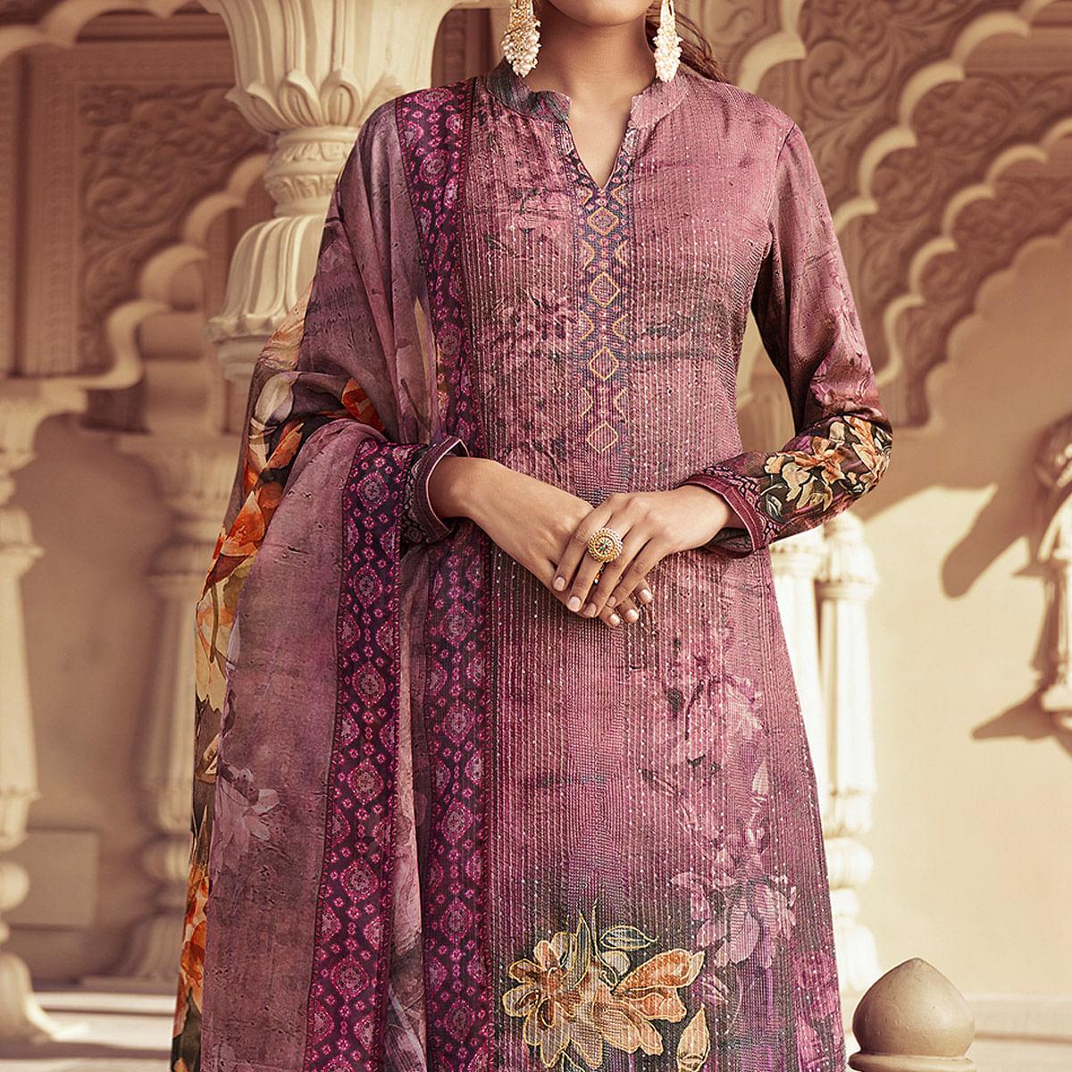 Purple Floral Print With Sequence Embroidered Royal chinon Partywear Suit - Peachmode