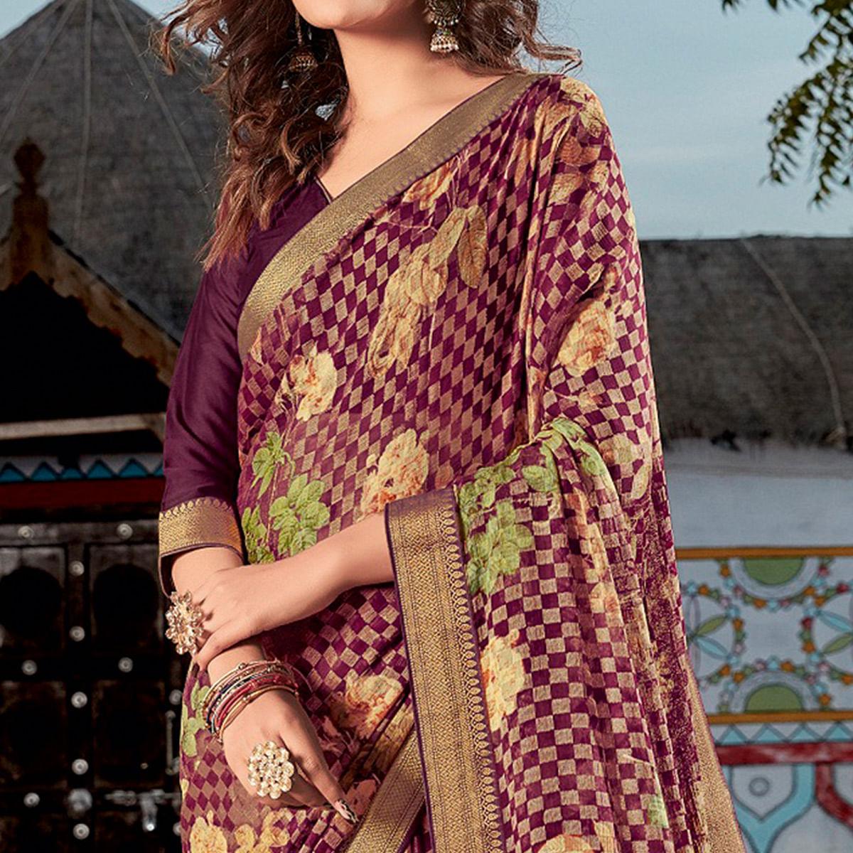 Purple Floral Printed Brasso Saree - Peachmode