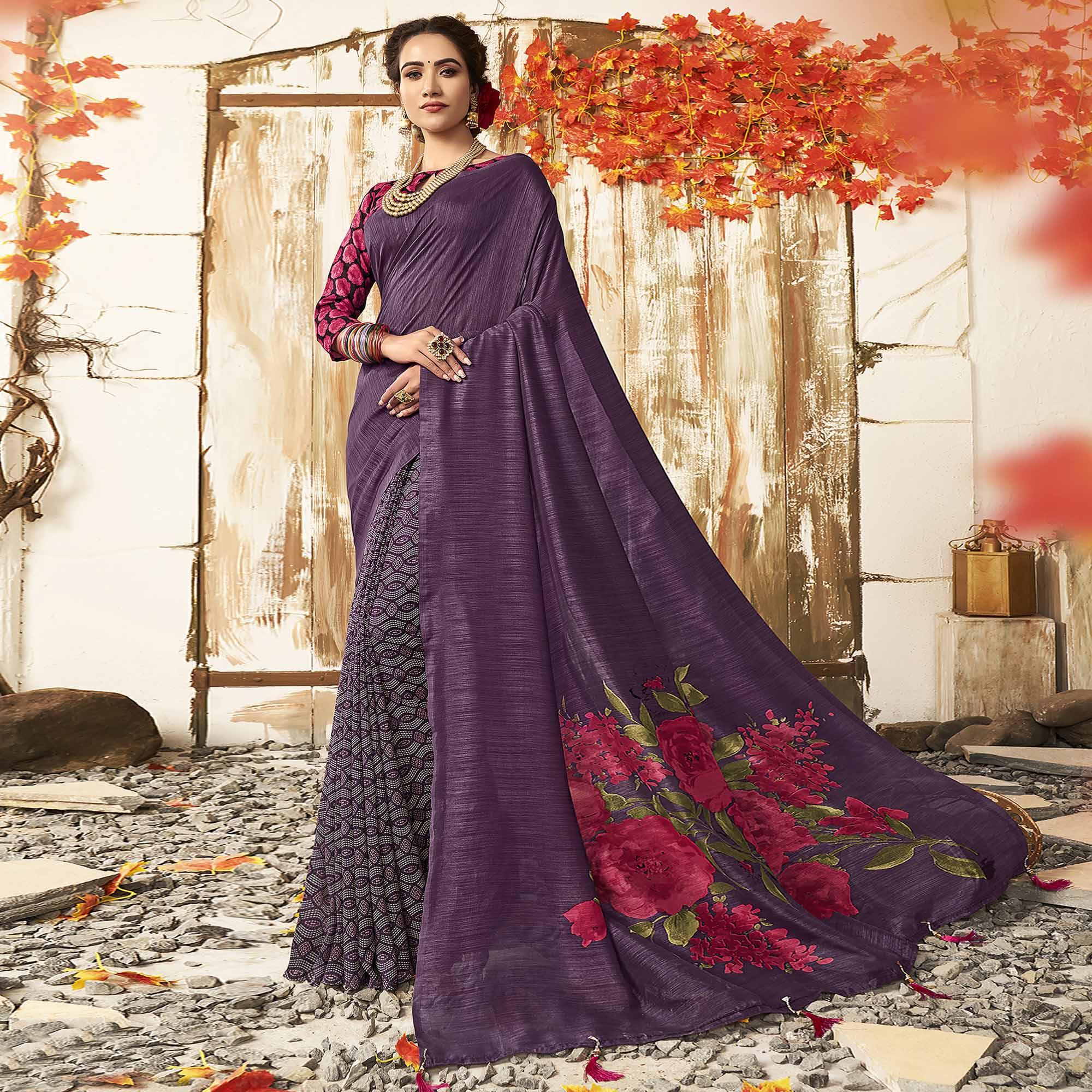 Purple Floral Printed Chanderi Saree - Peachmode