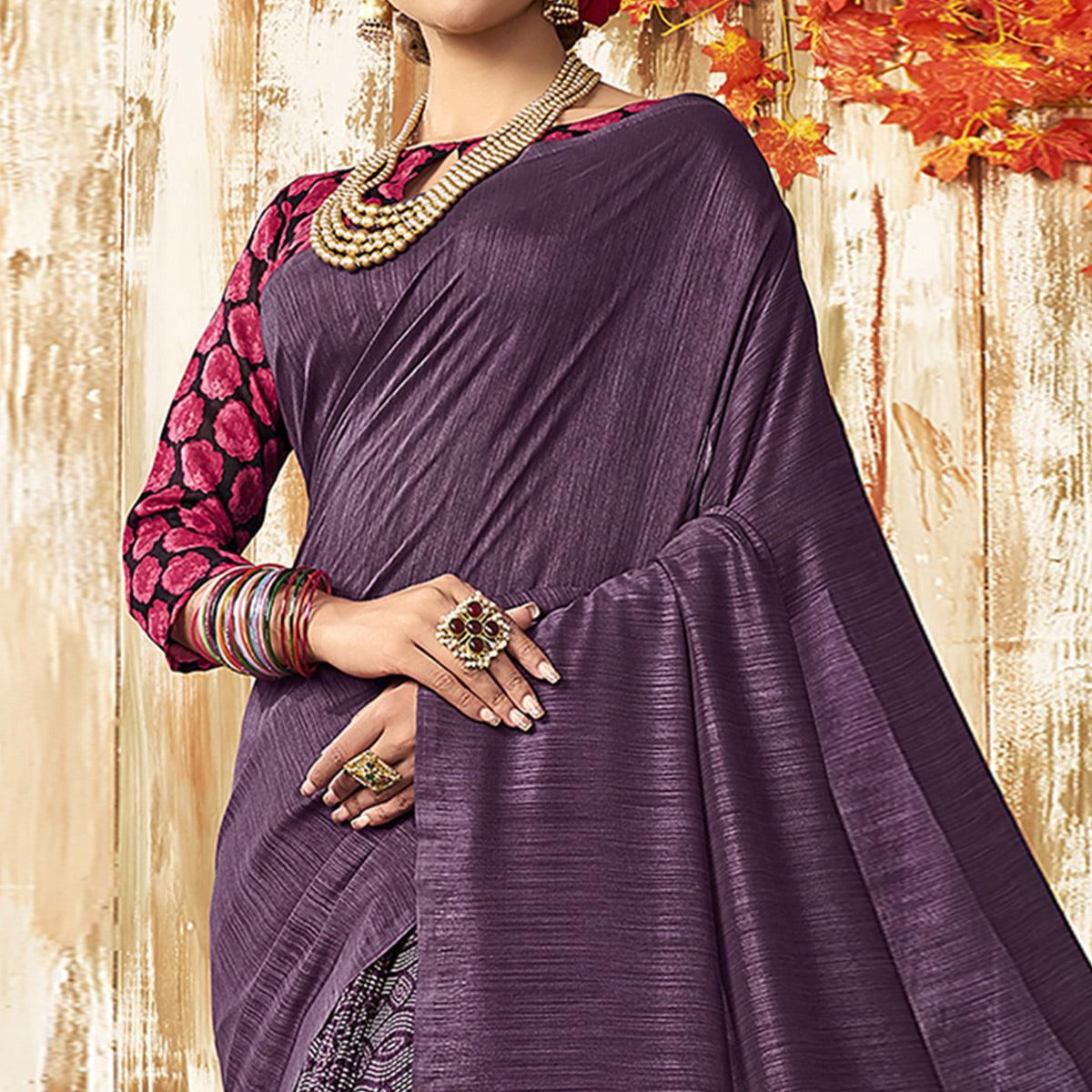 Purple Floral Printed Chanderi Saree - Peachmode