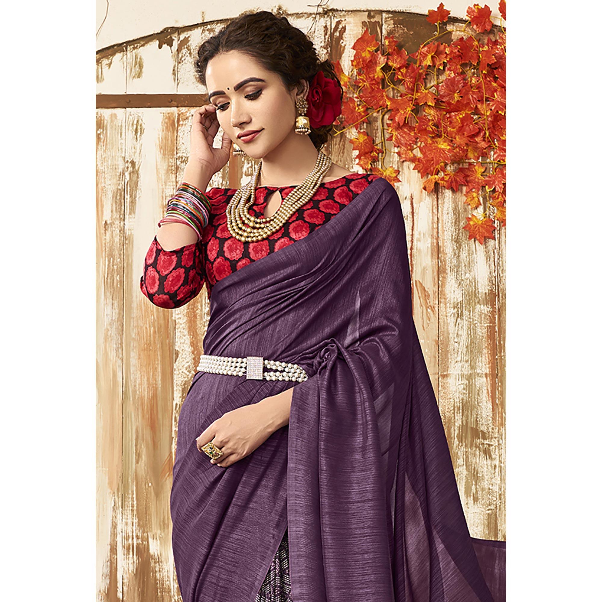 Purple Floral Printed Chanderi Saree - Peachmode