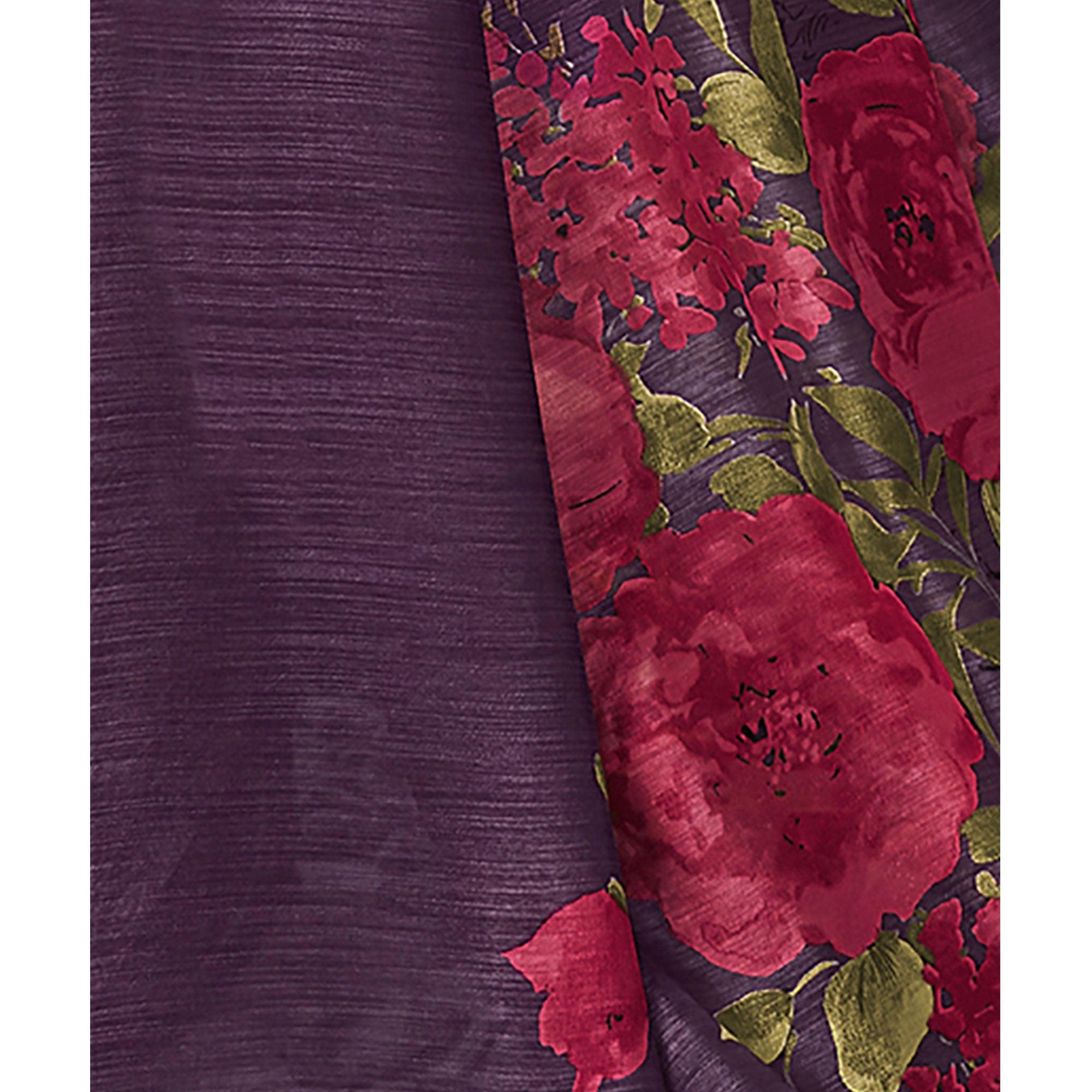 Purple Floral Printed Chanderi Saree - Peachmode