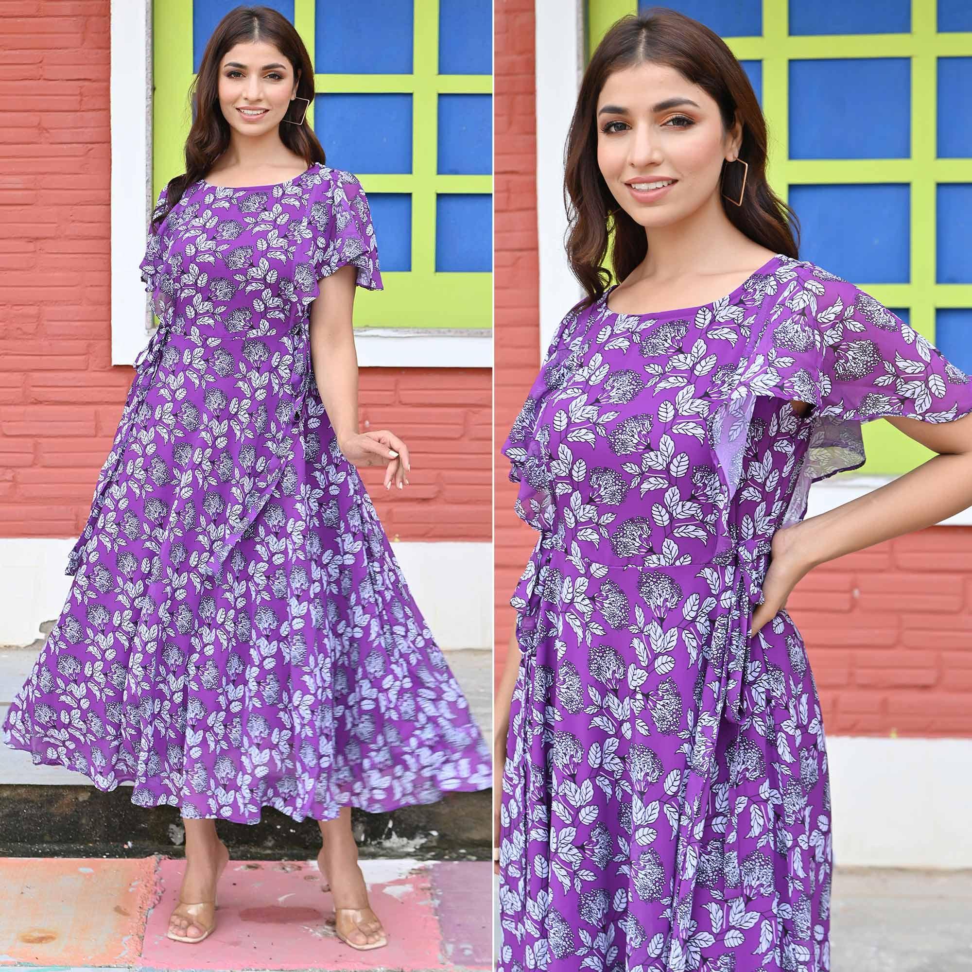 Purple Floral Printed Georgette Dress - Peachmode