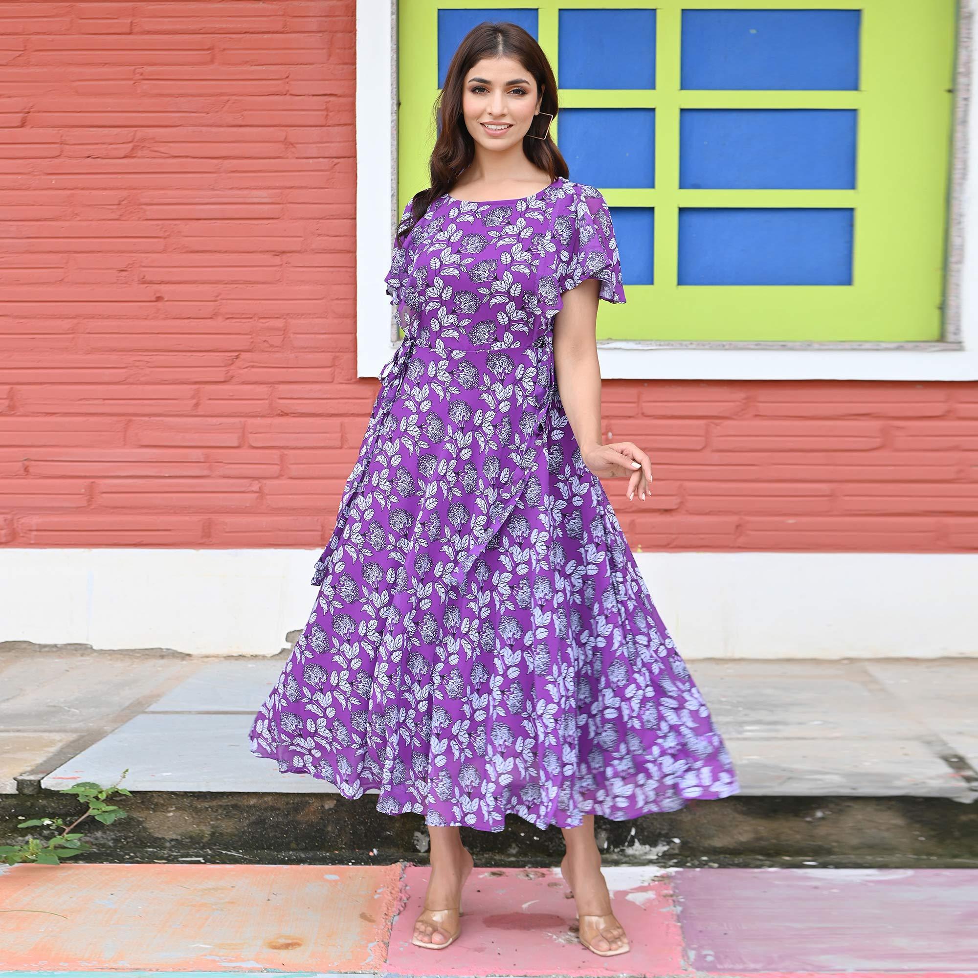 Purple Floral Printed Georgette Dress - Peachmode