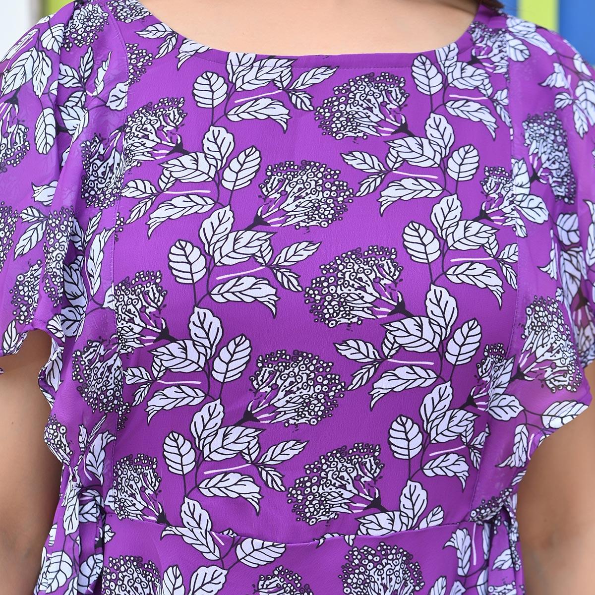 Purple Floral Printed Georgette Dress - Peachmode