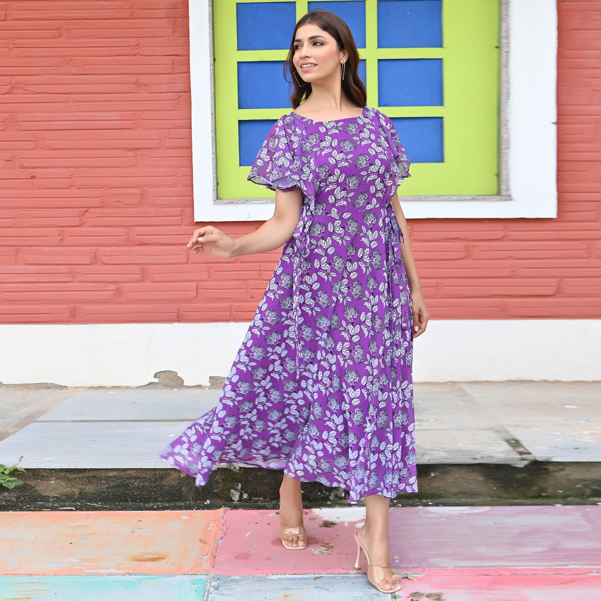 Purple Floral Printed Georgette Dress - Peachmode