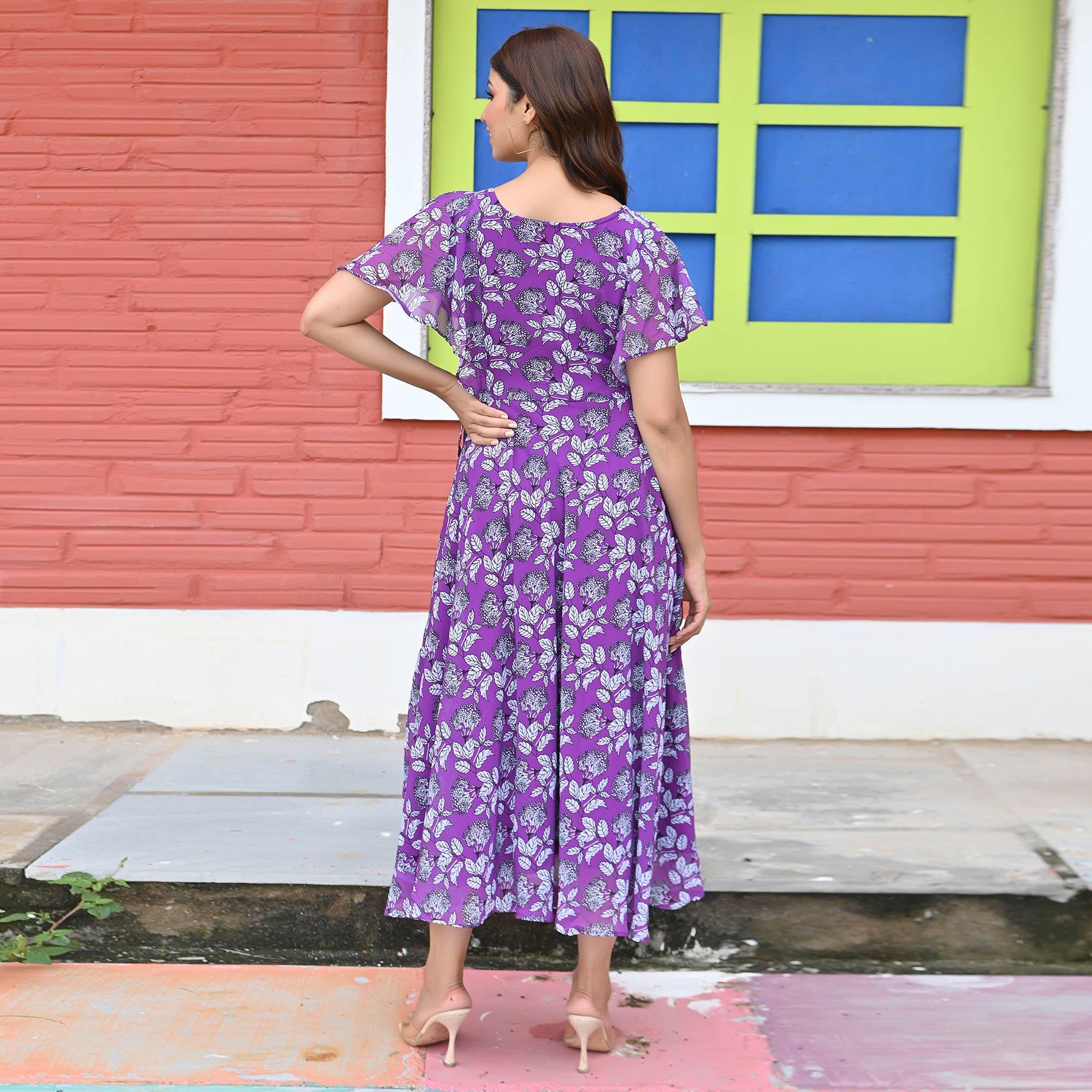 Purple Floral Printed Georgette Dress - Peachmode