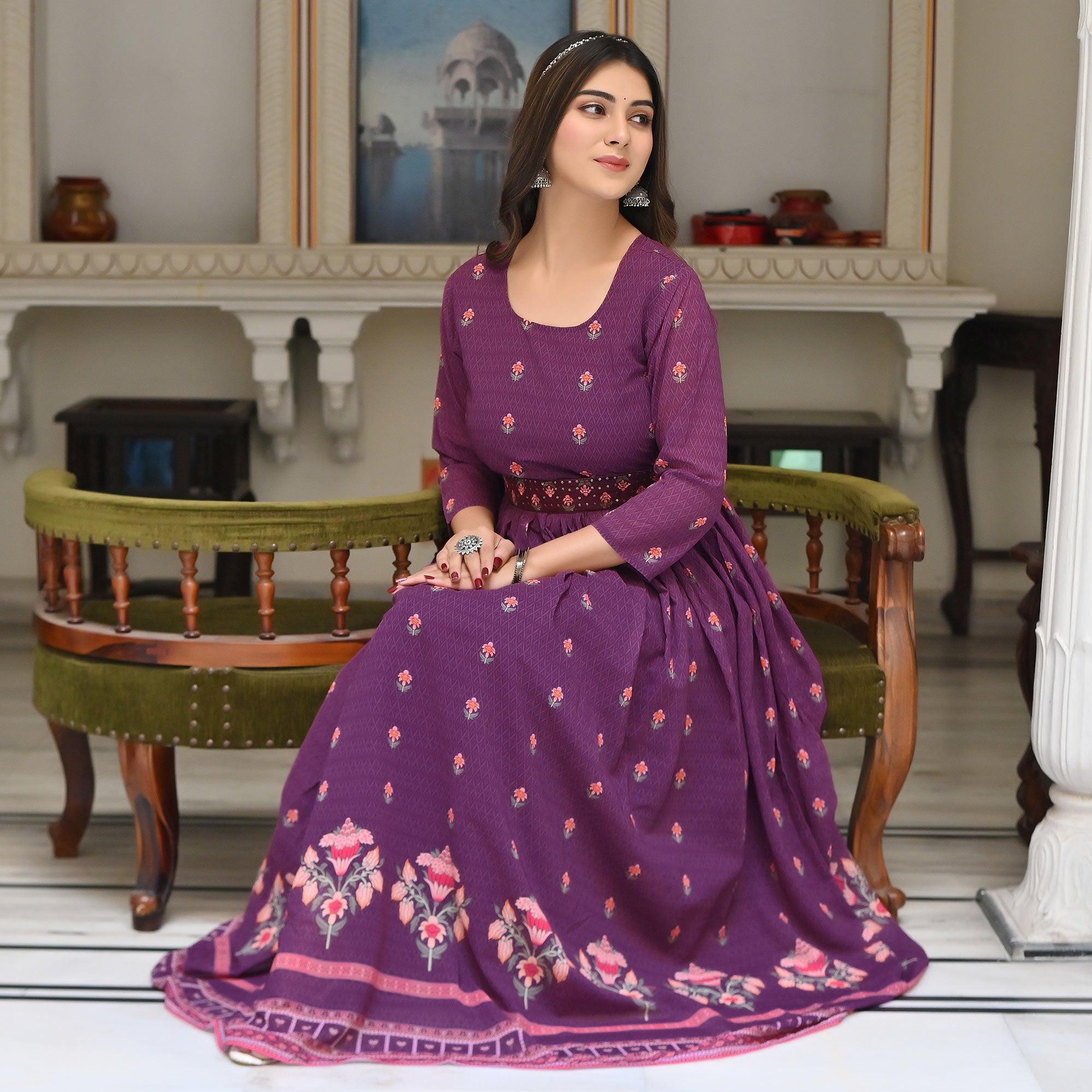 Purple Floral Printed Georgette Gown - Peachmode