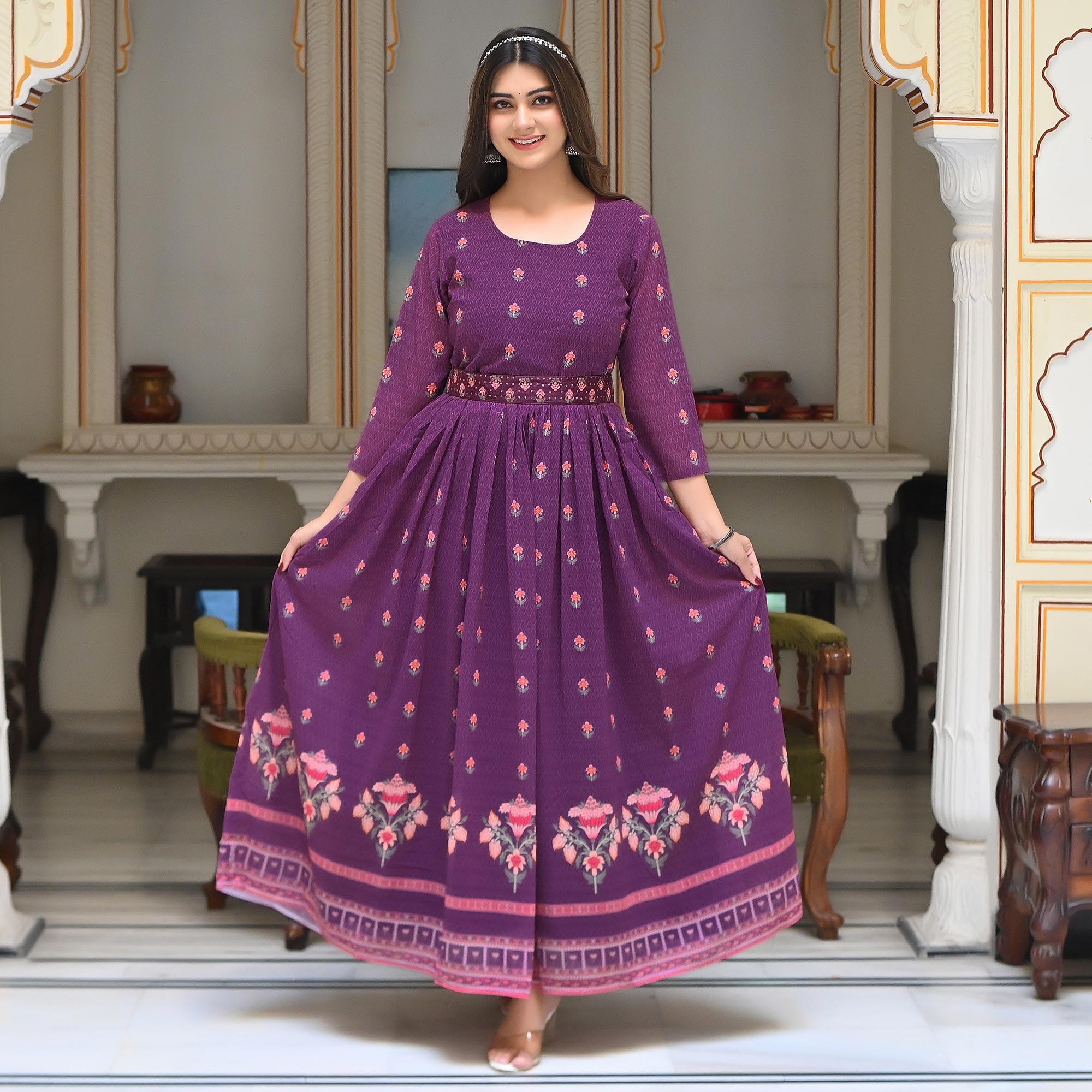 Purple Floral Printed Georgette Gown - Peachmode