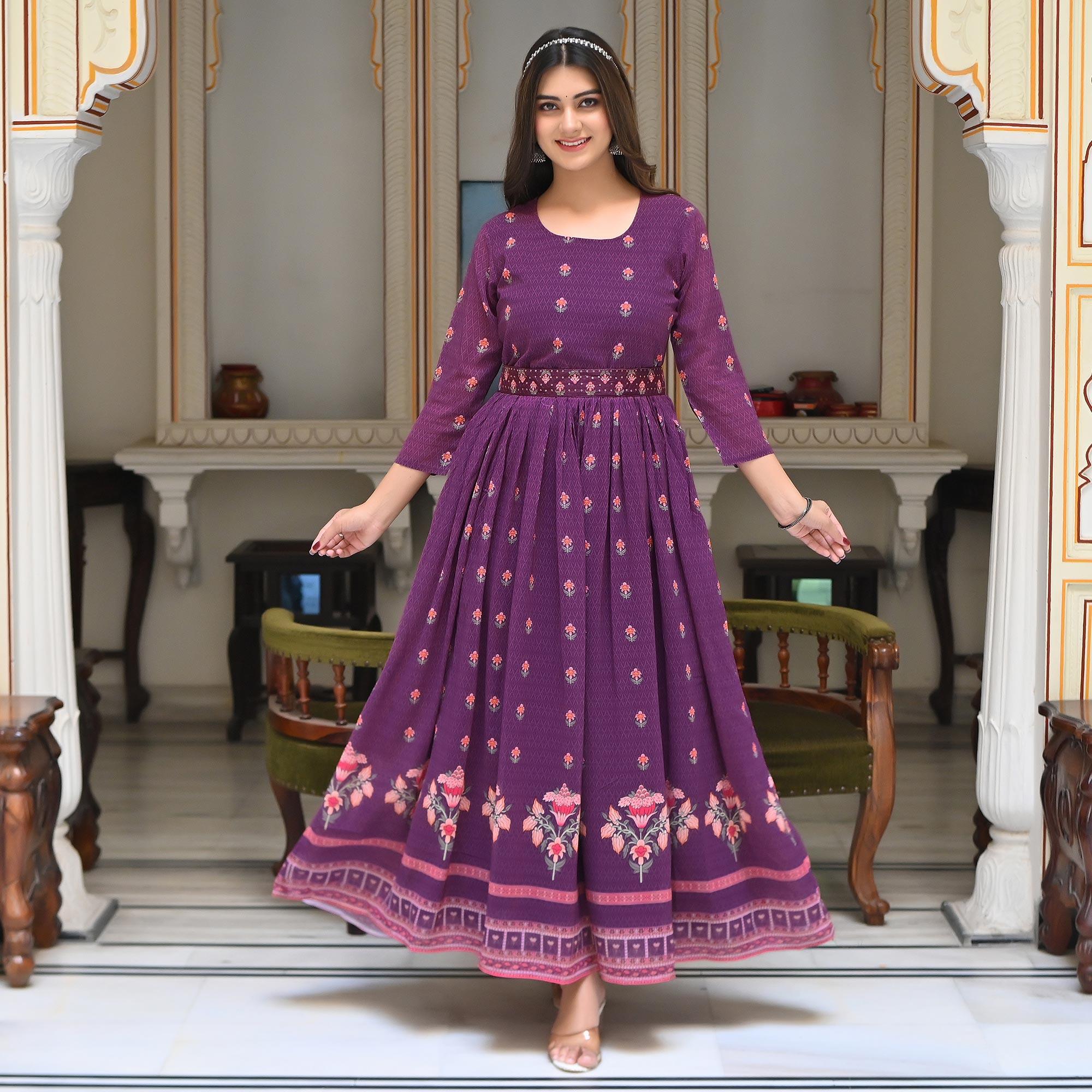 Purple Floral Printed Georgette Gown - Peachmode