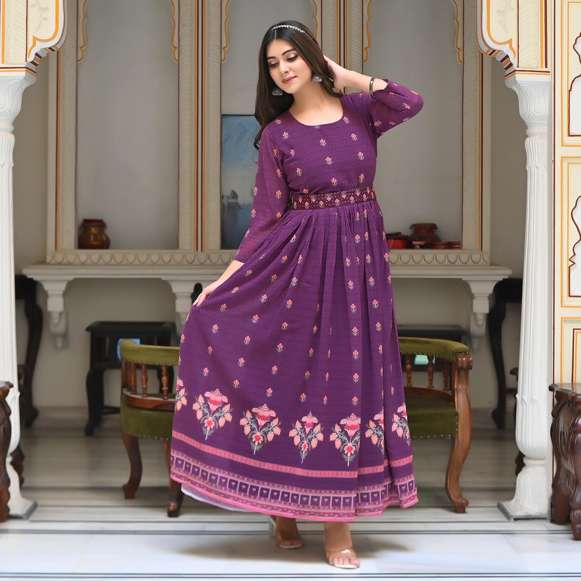 Purple Floral Printed Georgette Gown - Peachmode