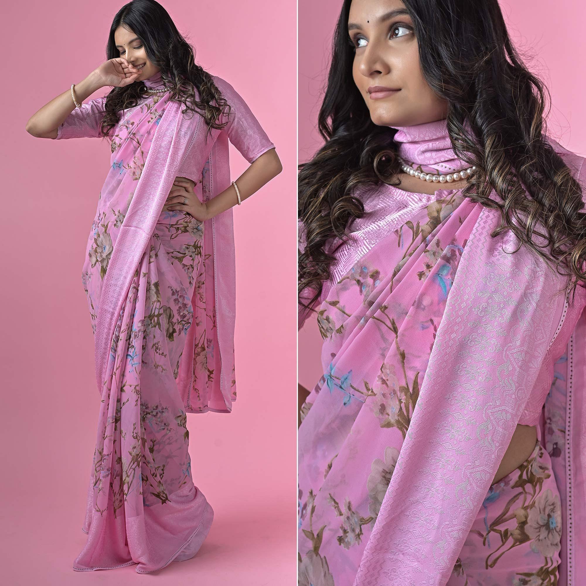 Purple Floral Printed Georgette Saree - Peachmode