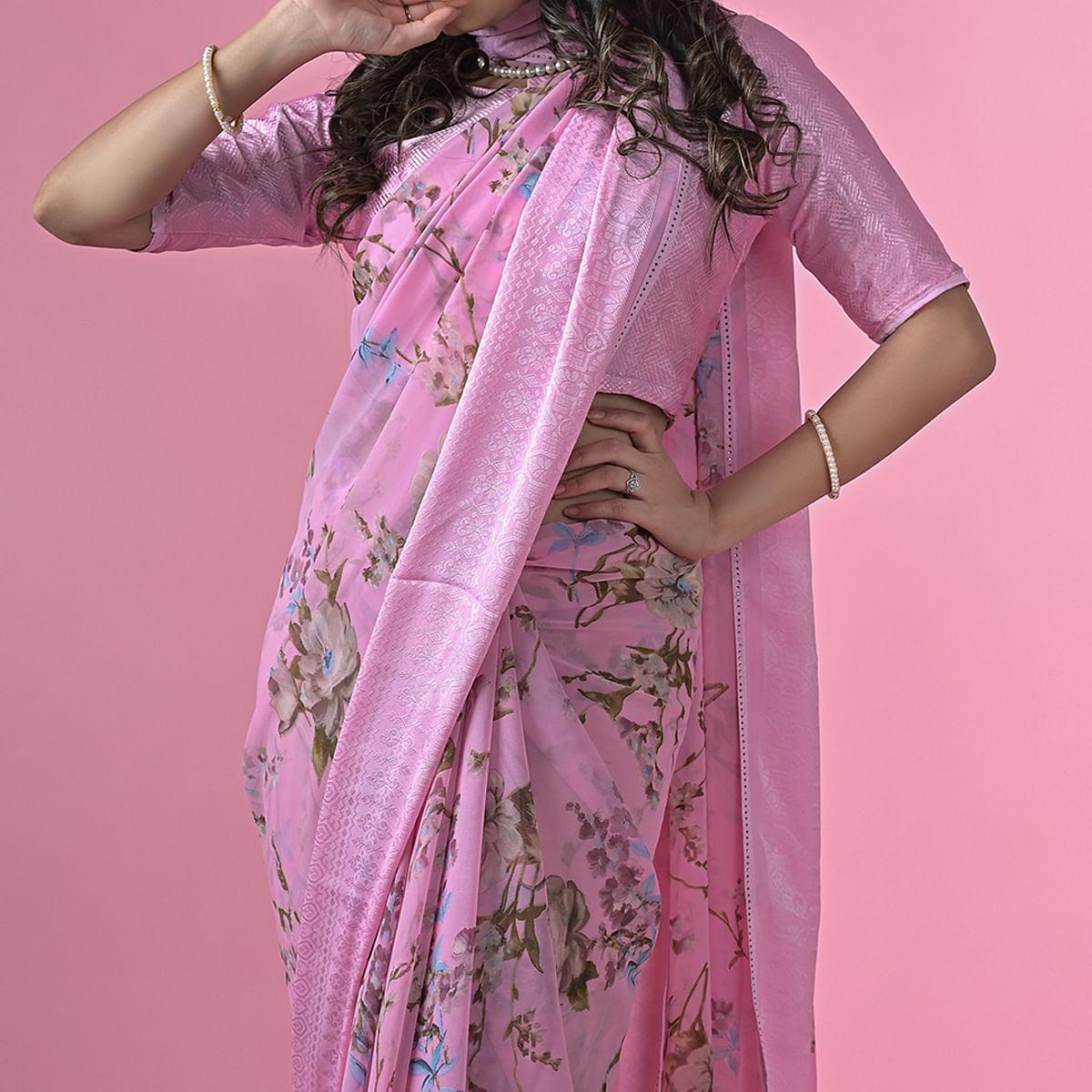 Purple Floral Printed Georgette Saree - Peachmode