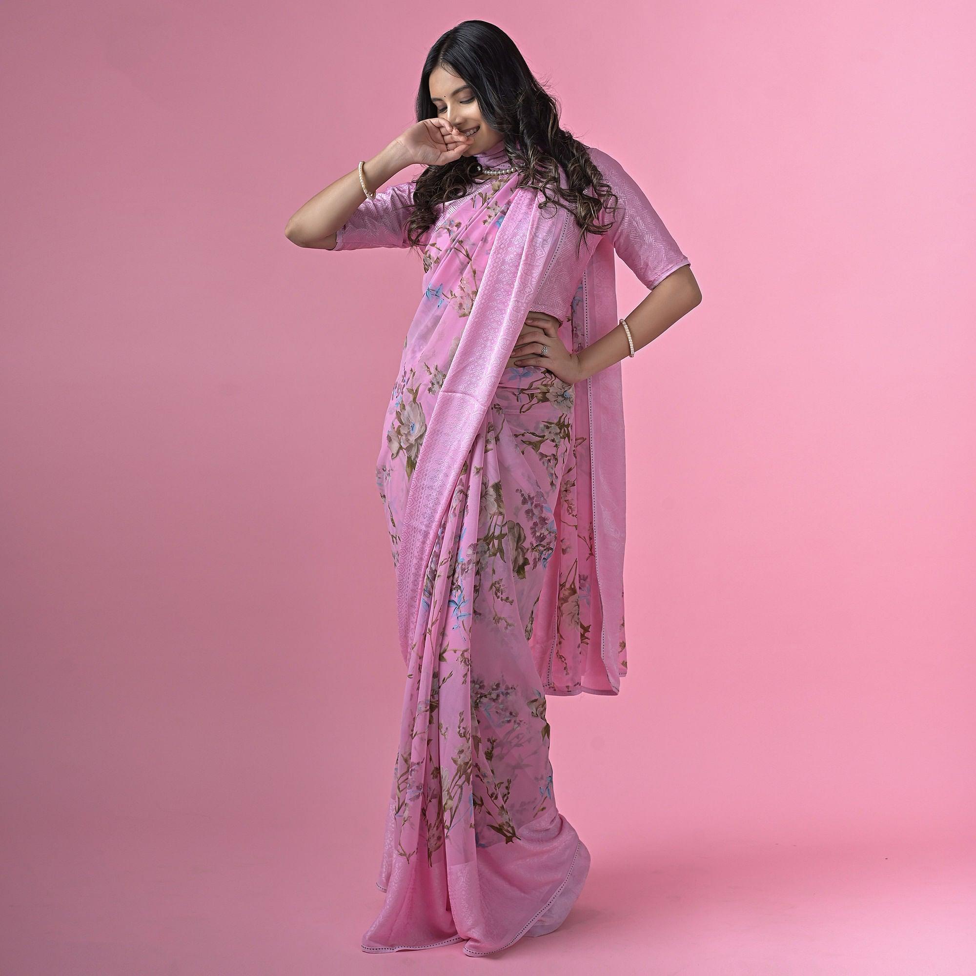 Purple Floral Printed Georgette Saree - Peachmode