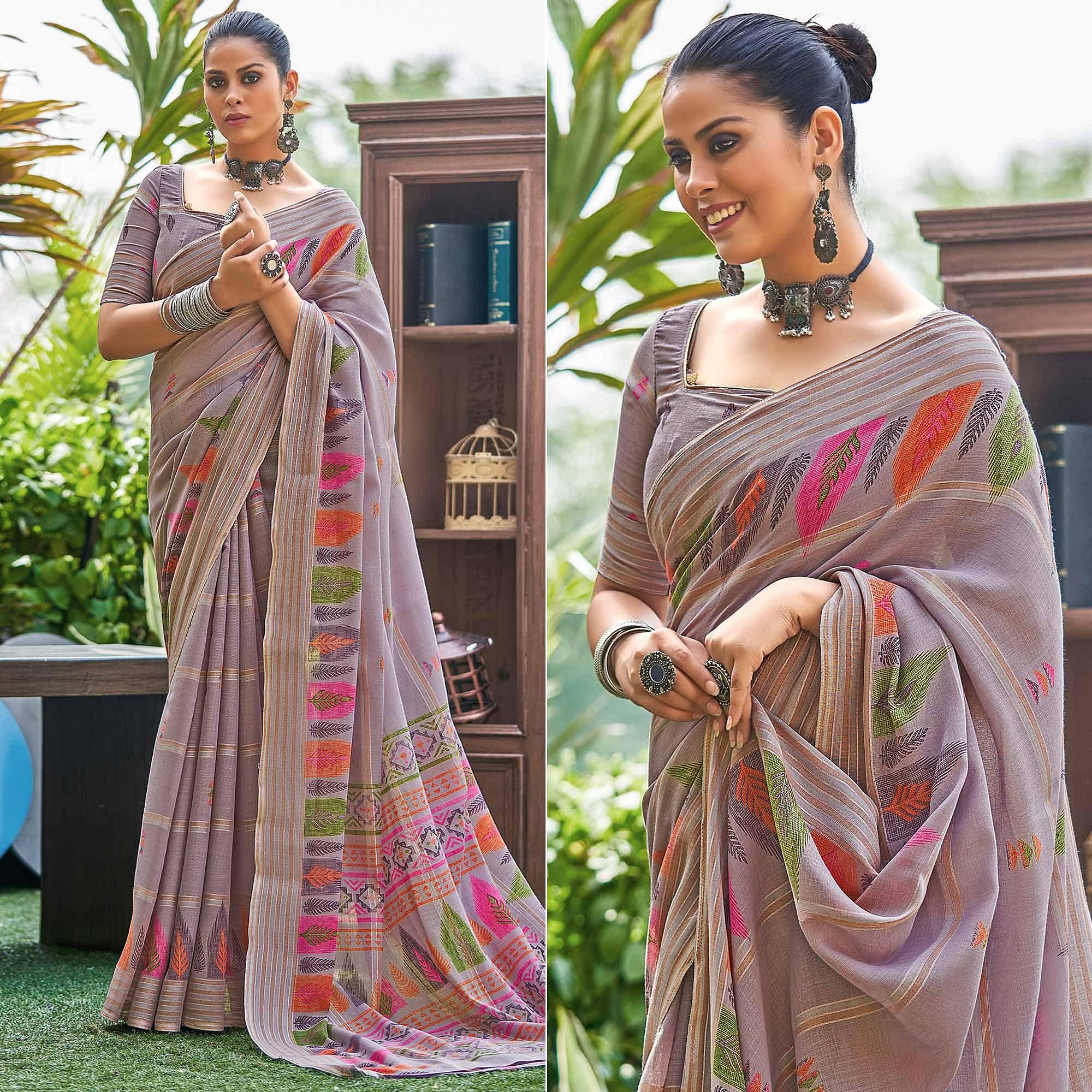 Purple Floral Printed Linen Saree - Peachmode