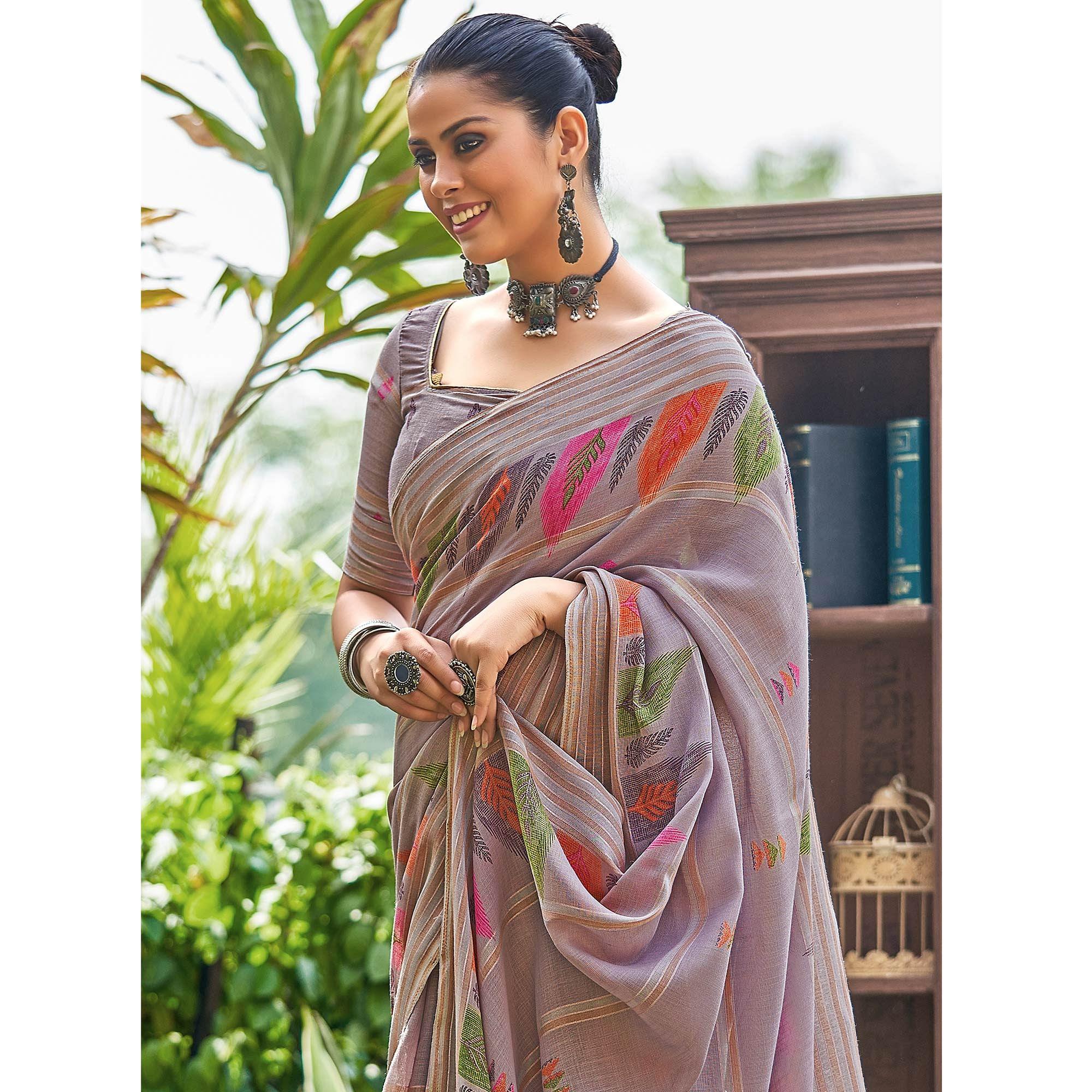 Purple Floral Printed Linen Saree - Peachmode