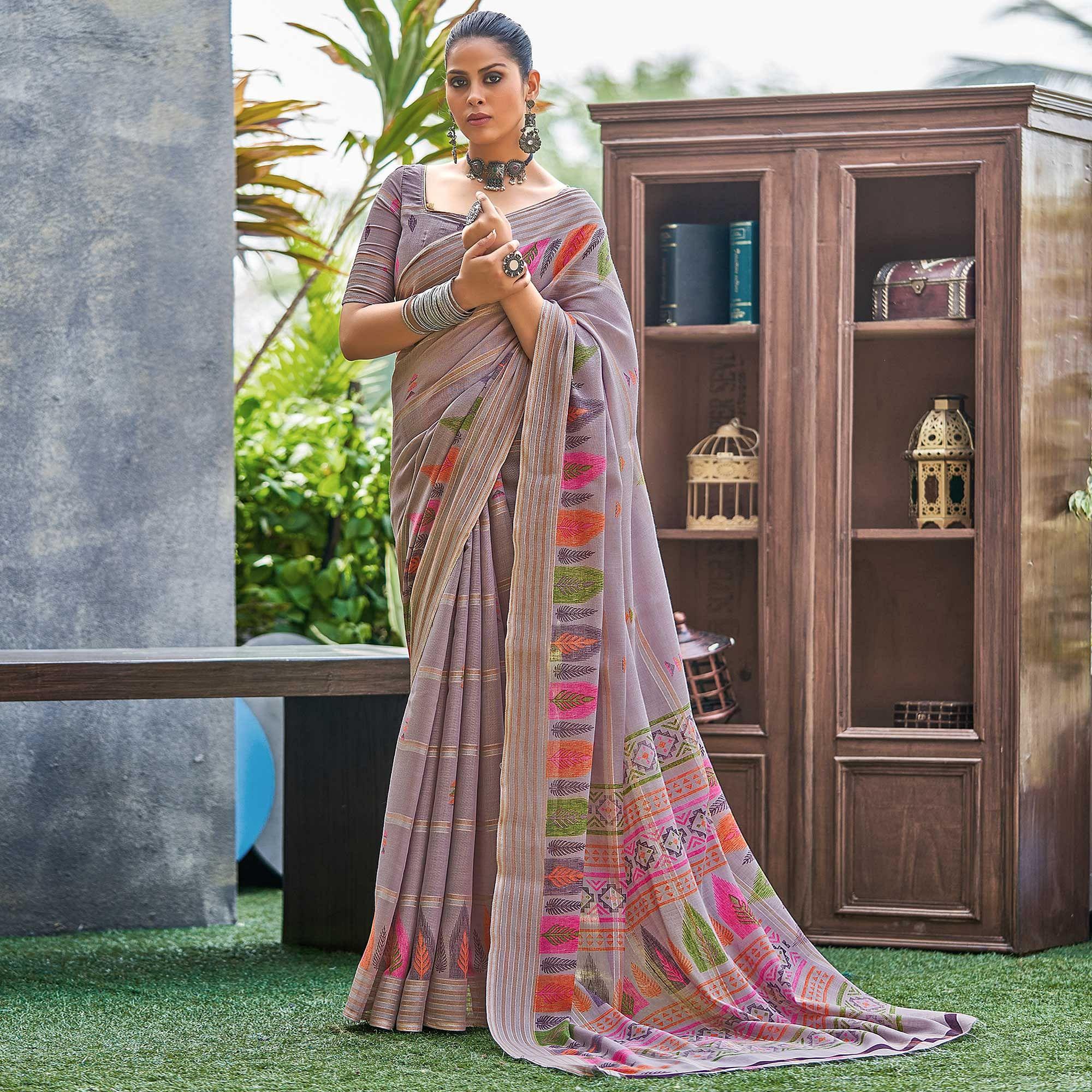 Purple Floral Printed Linen Saree - Peachmode