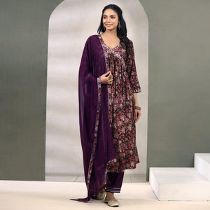 Purple Floral Printed Muslin Anarkali Suit - Peachmode