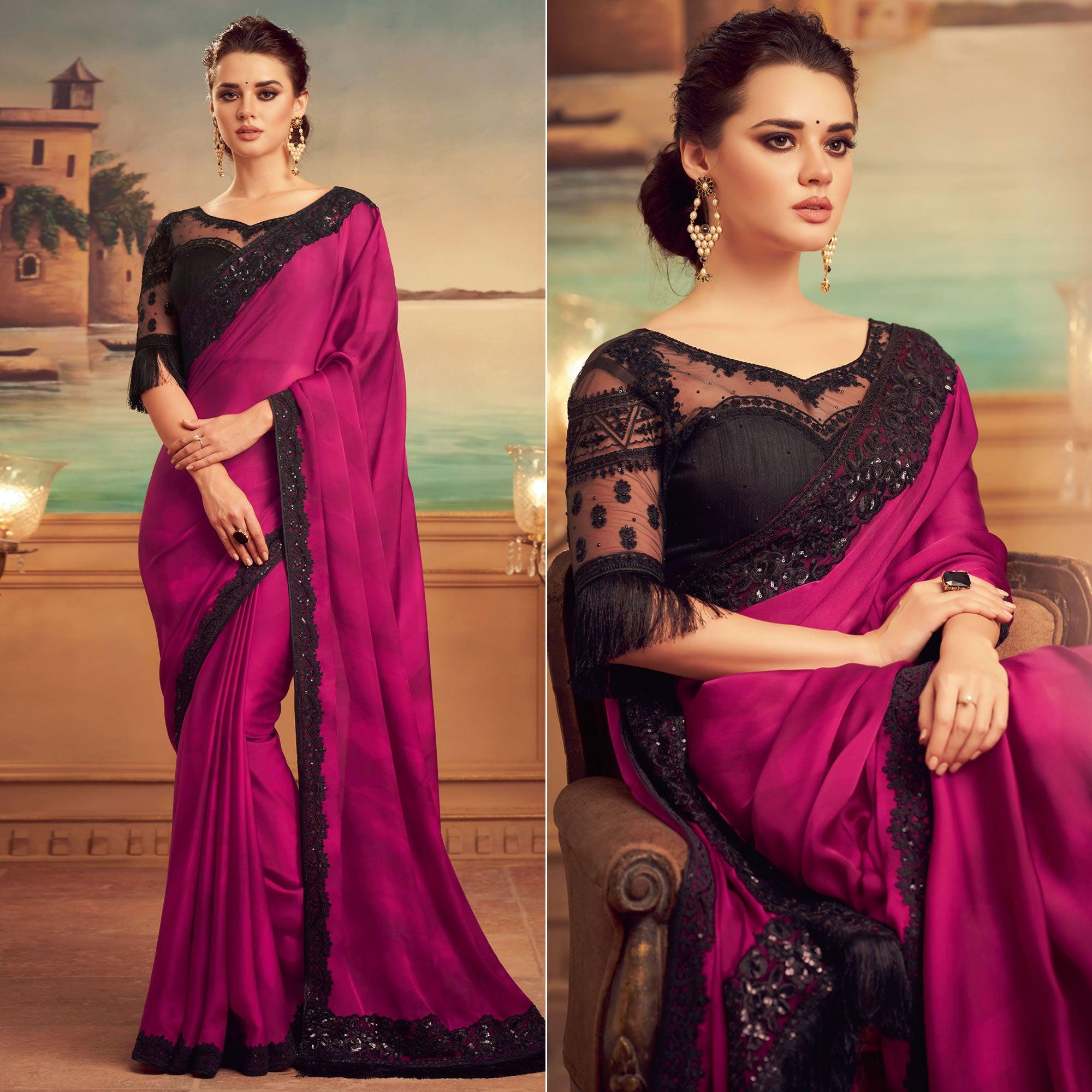 Purple Floral Sequence Embroidered Art Silk Saree - Peachmode