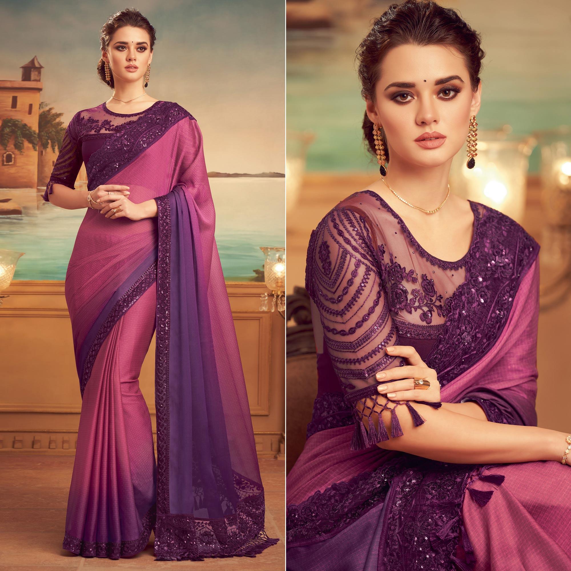 Purple Floral Sequence Embroidered Art Silk Saree - Peachmode