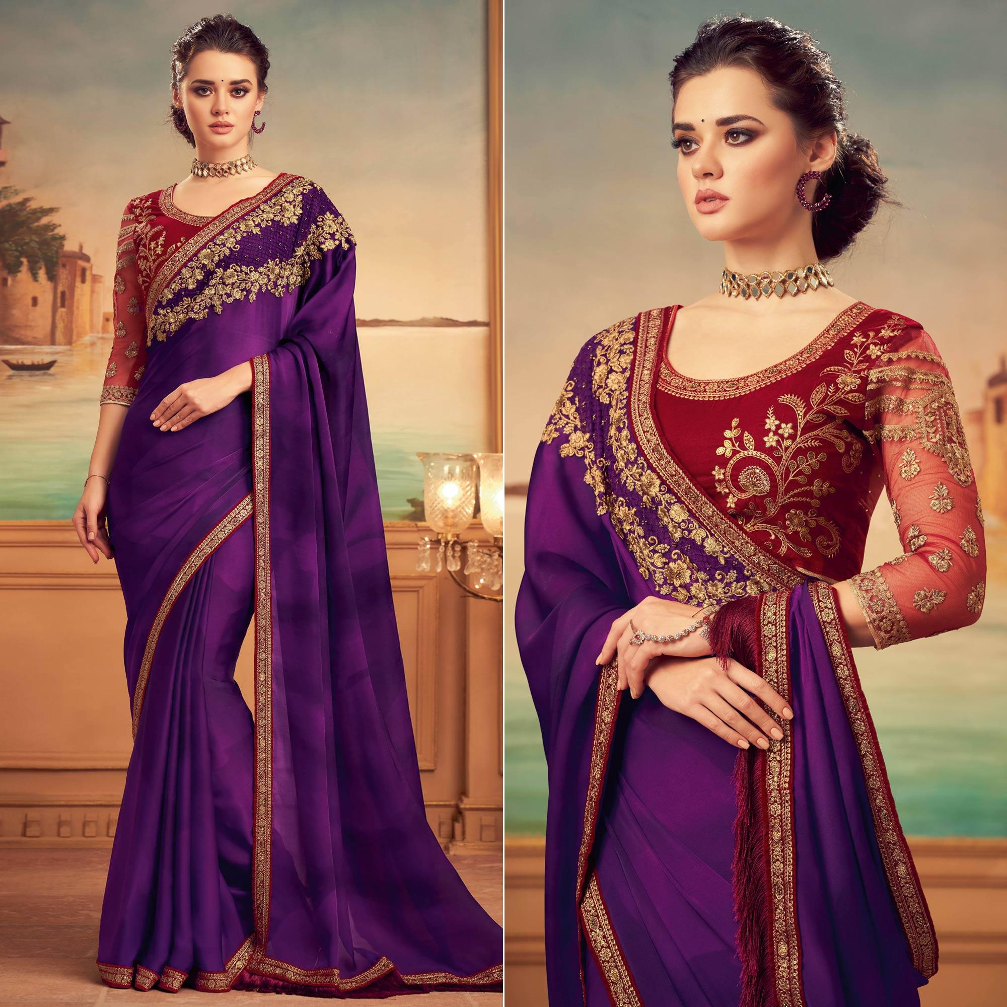 Purple Floral Sequence Embroidered Art Silk Saree - Peachmode