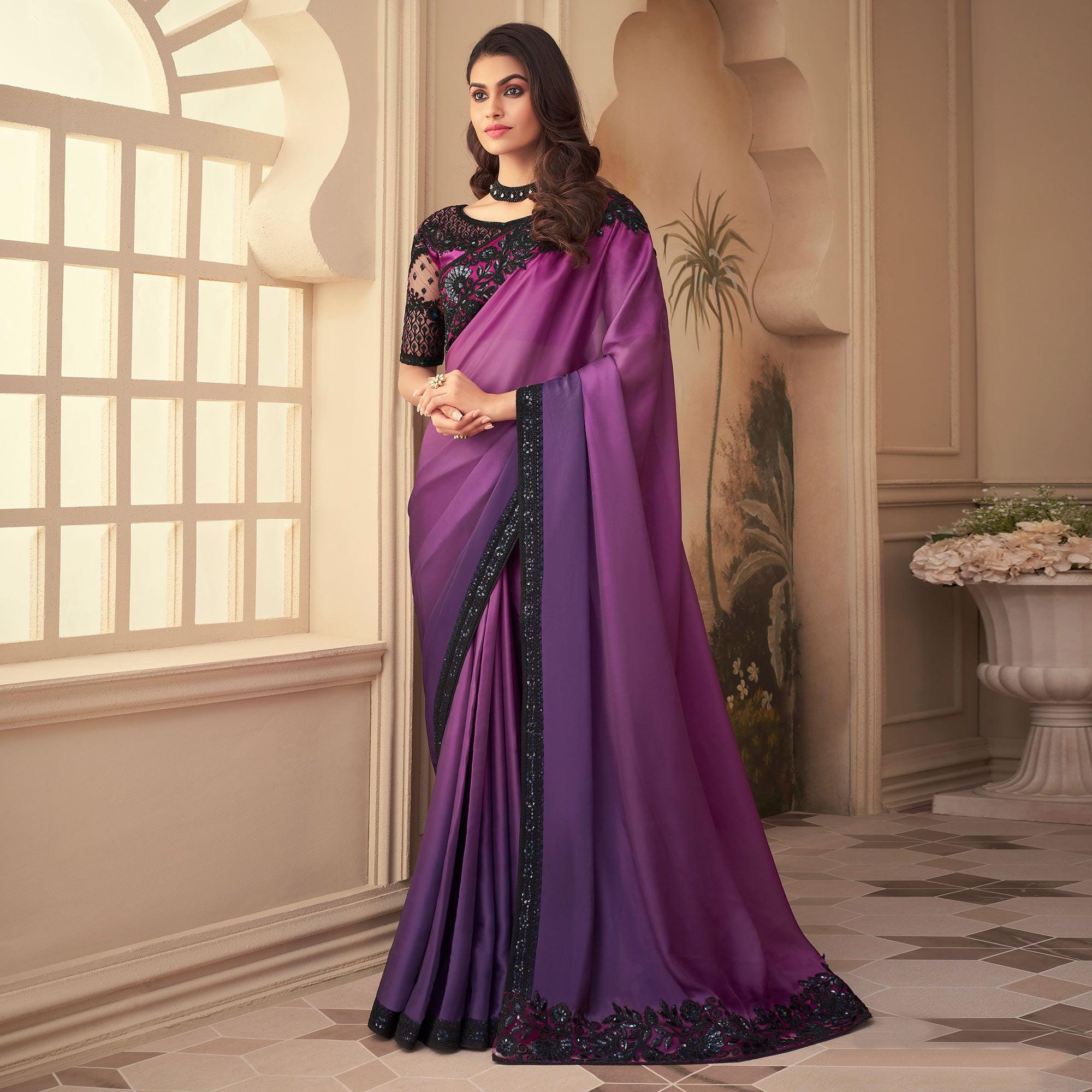 Purple Floral Sequence Embroidered Art Silk Saree - Peachmode