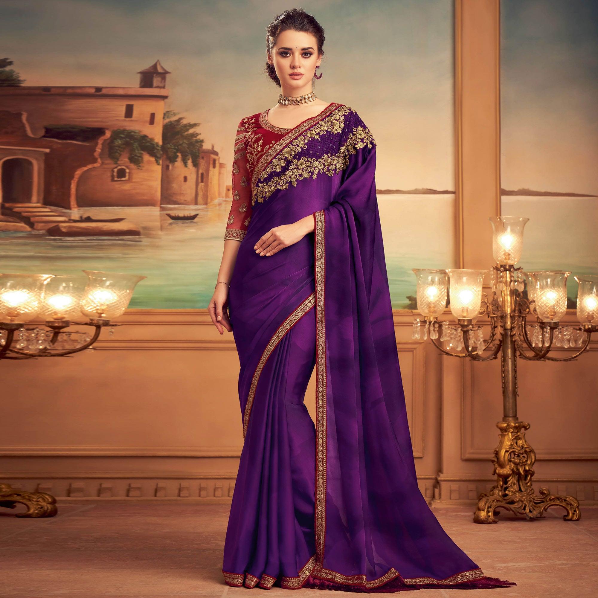 Purple Floral Sequence Embroidered Art Silk Saree - Peachmode