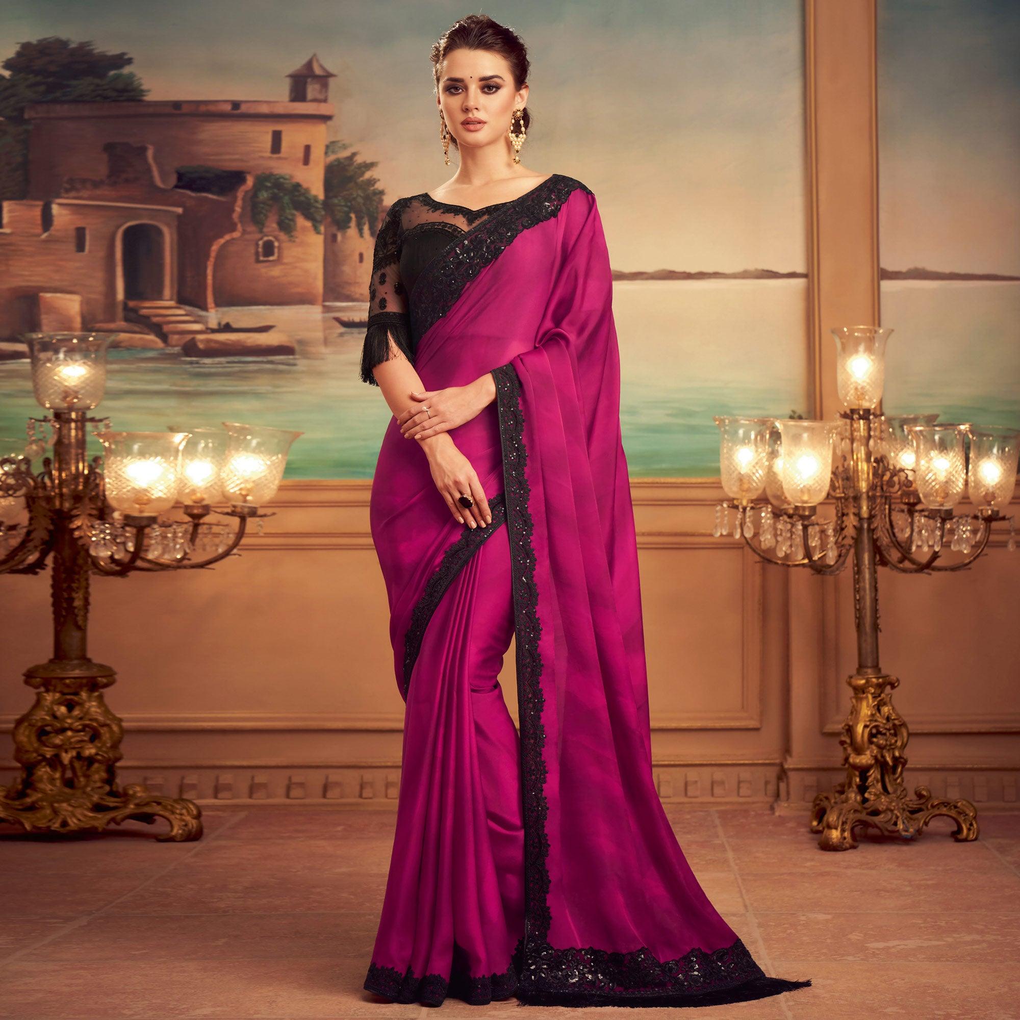 Purple Floral Sequence Embroidered Art Silk Saree - Peachmode