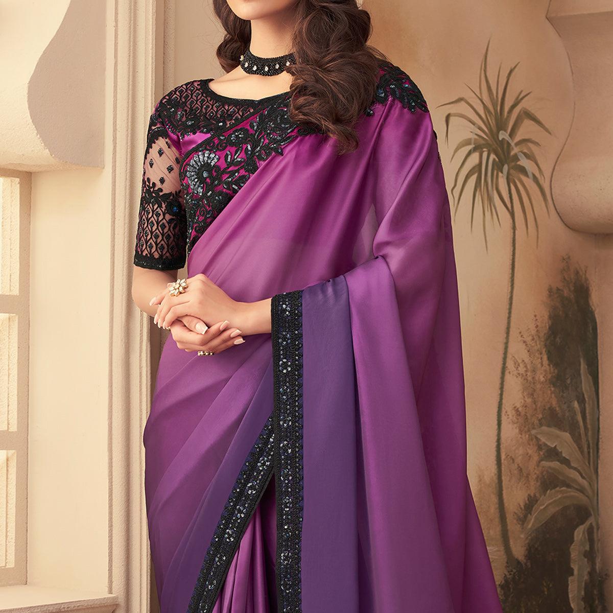 Purple Floral Sequence Embroidered Art Silk Saree - Peachmode