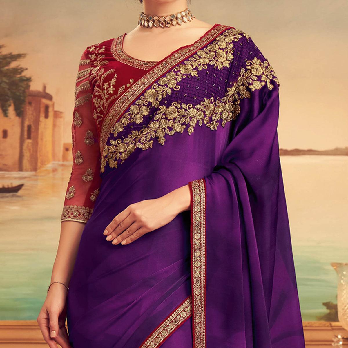 Purple Floral Sequence Embroidered Art Silk Saree - Peachmode