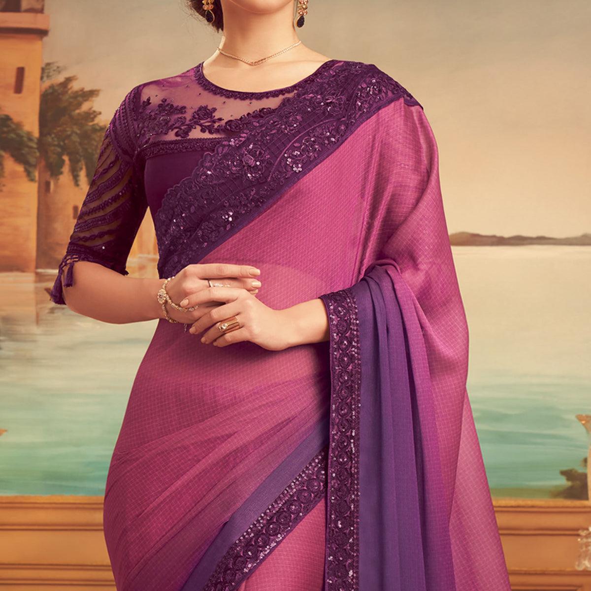 Purple Floral Sequence Embroidered Art Silk Saree - Peachmode