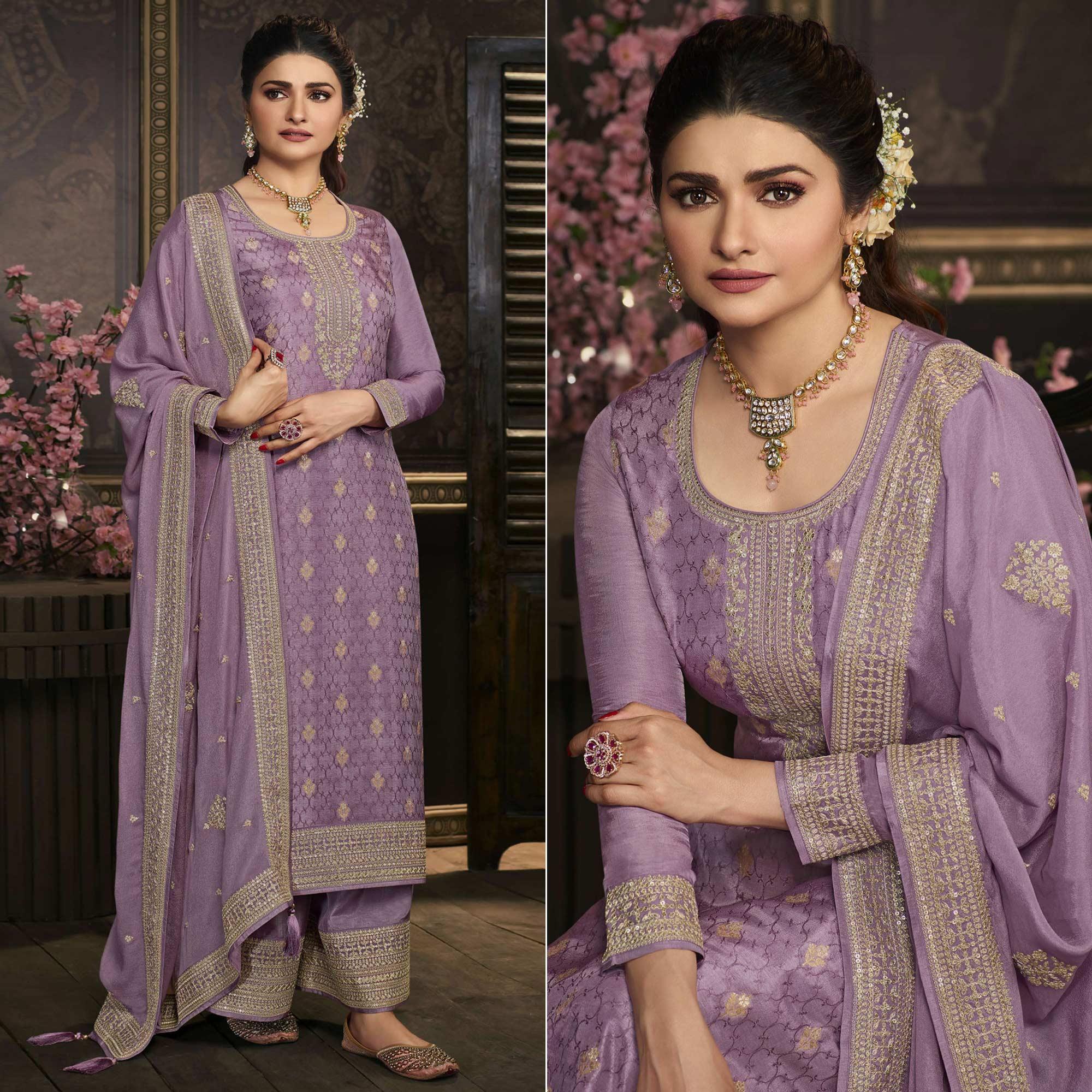 Purple Floral Sequence Embroidered Dola Silk Palazzo Suit - Peachmode