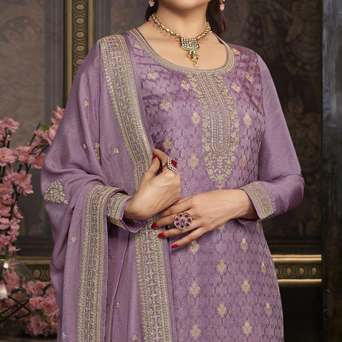 Purple Floral Sequence Embroidered Dola Silk Palazzo Suit - Peachmode