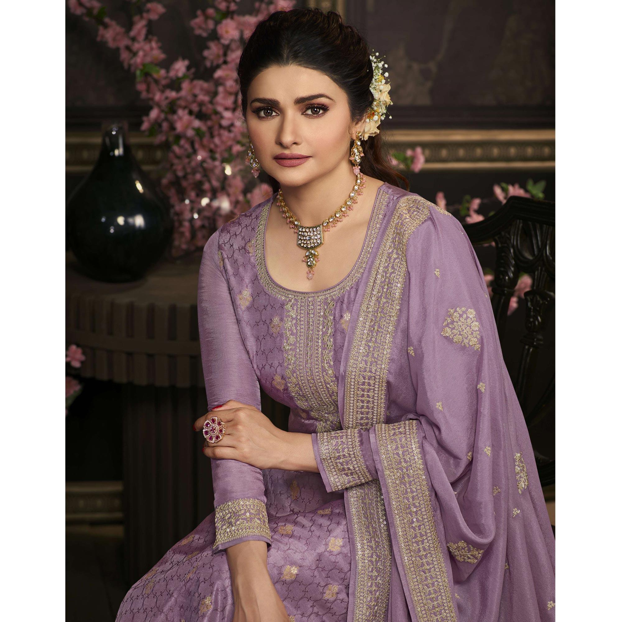 Purple Floral Sequence Embroidered Dola Silk Palazzo Suit - Peachmode