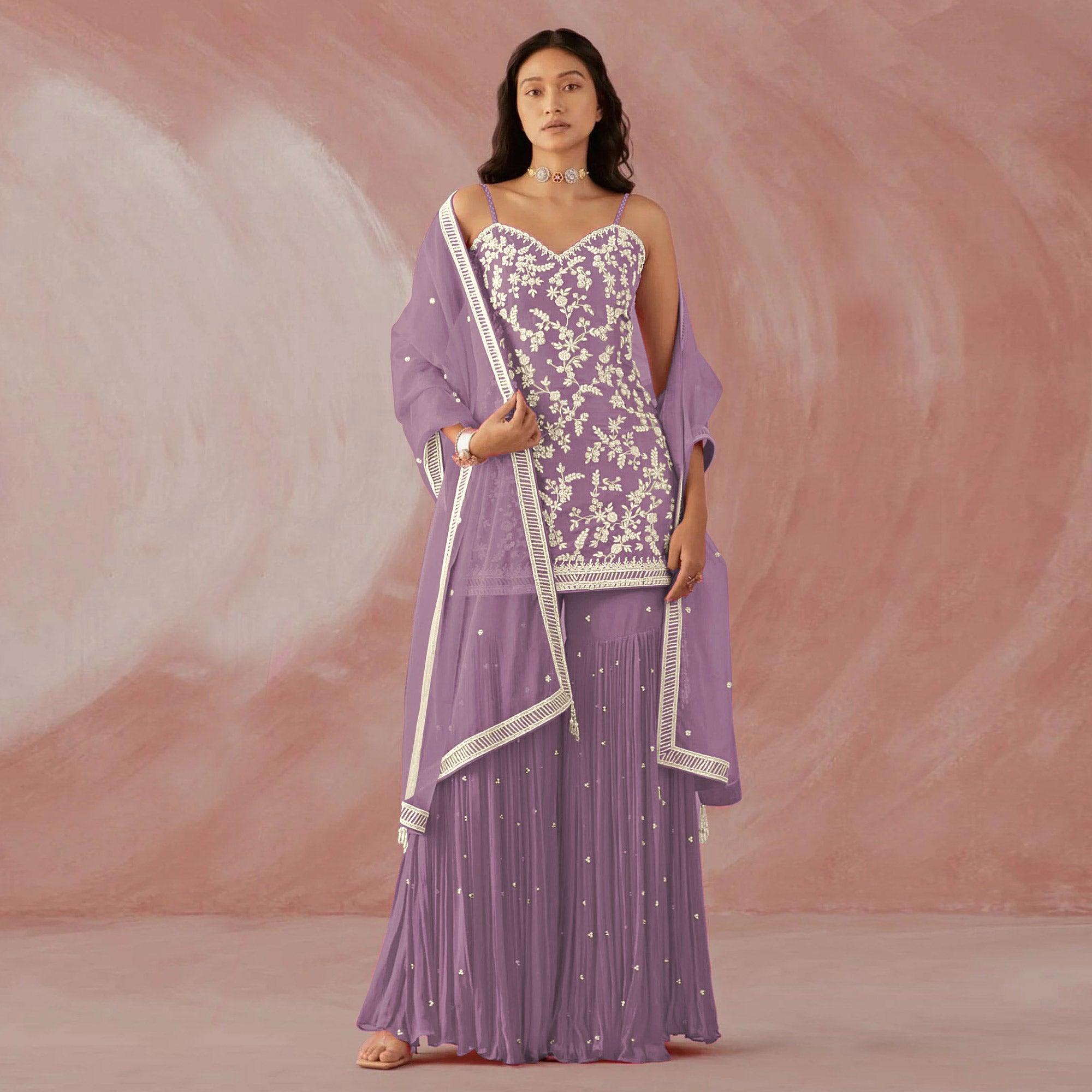 Purple Floral Sequence Embroidered Georgette Sharara Suit - Peachmode