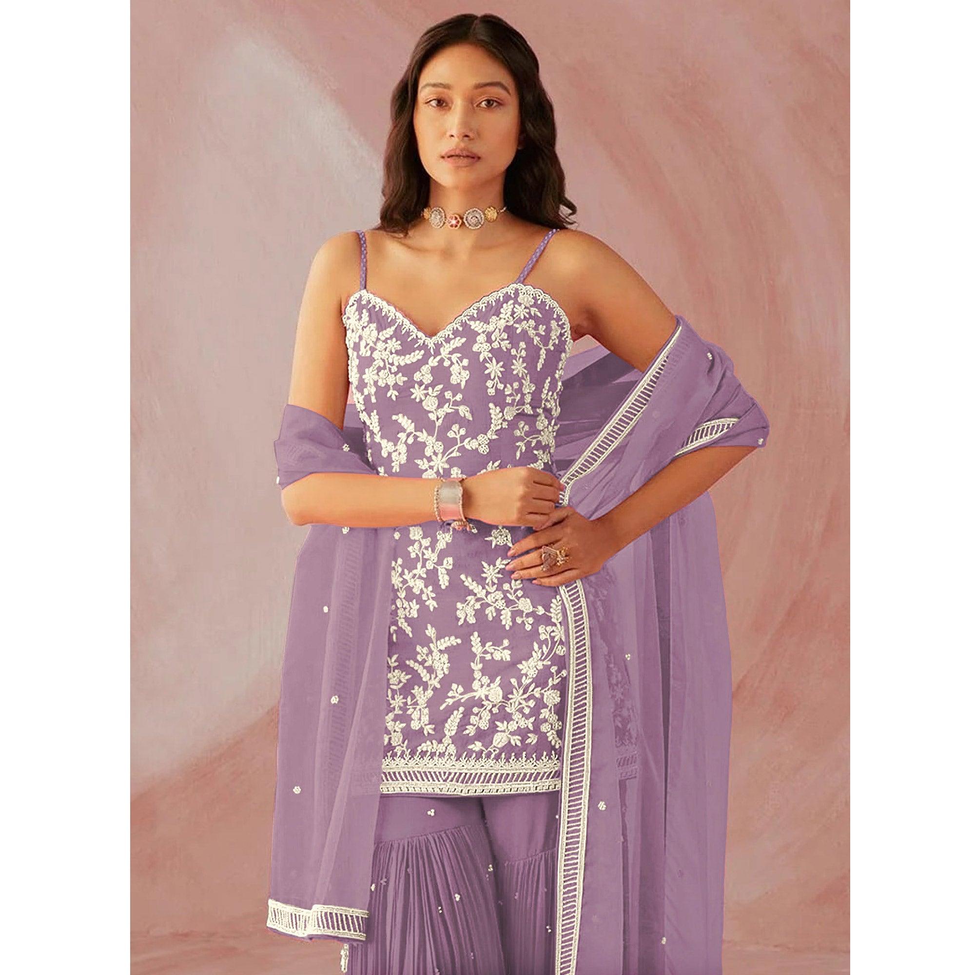 Purple Floral Sequence Embroidered Georgette Sharara Suit - Peachmode