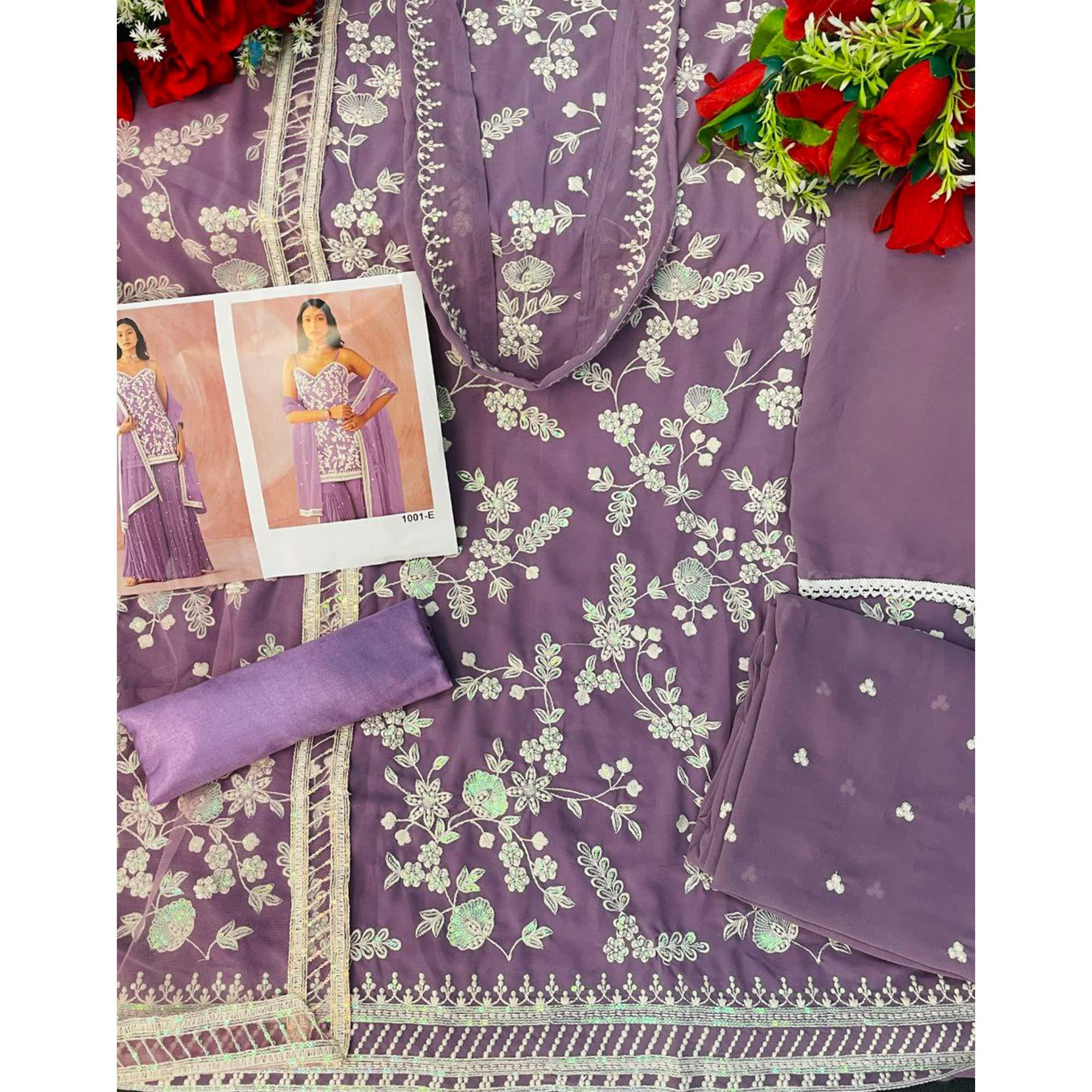 Purple Floral Sequence Embroidered Georgette Sharara Suit - Peachmode