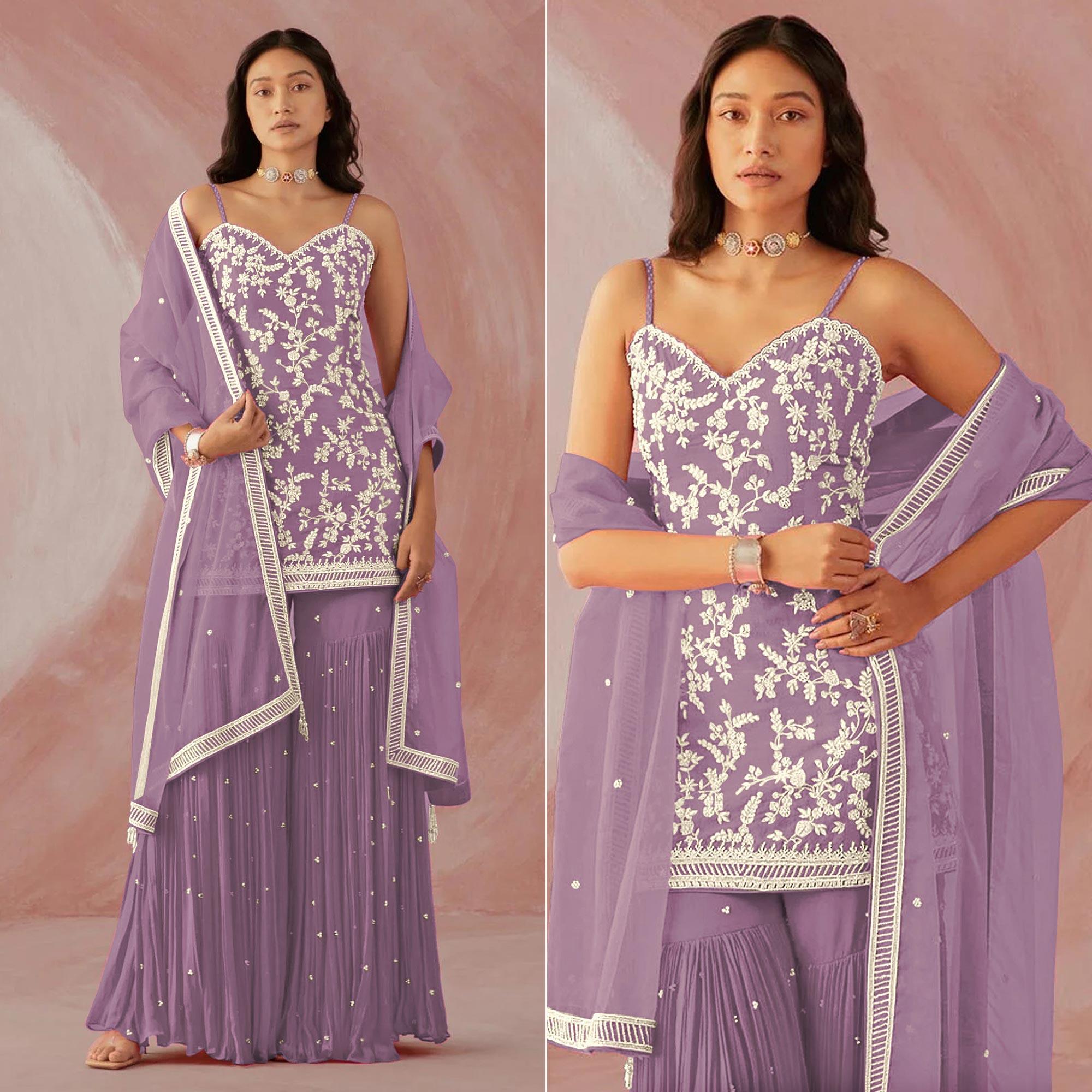 Purple Floral Sequence Embroidered Georgette Sharara Suit - Peachmode
