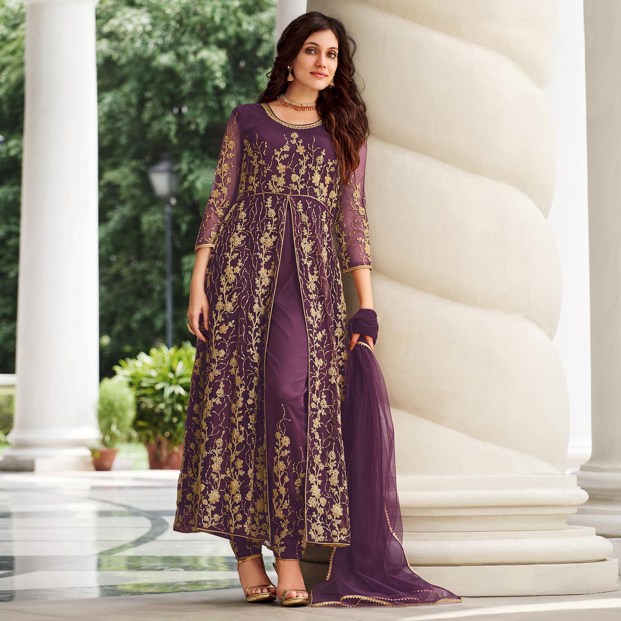 Purple Floral Sequence Embroidered Net Suit - Peachmode