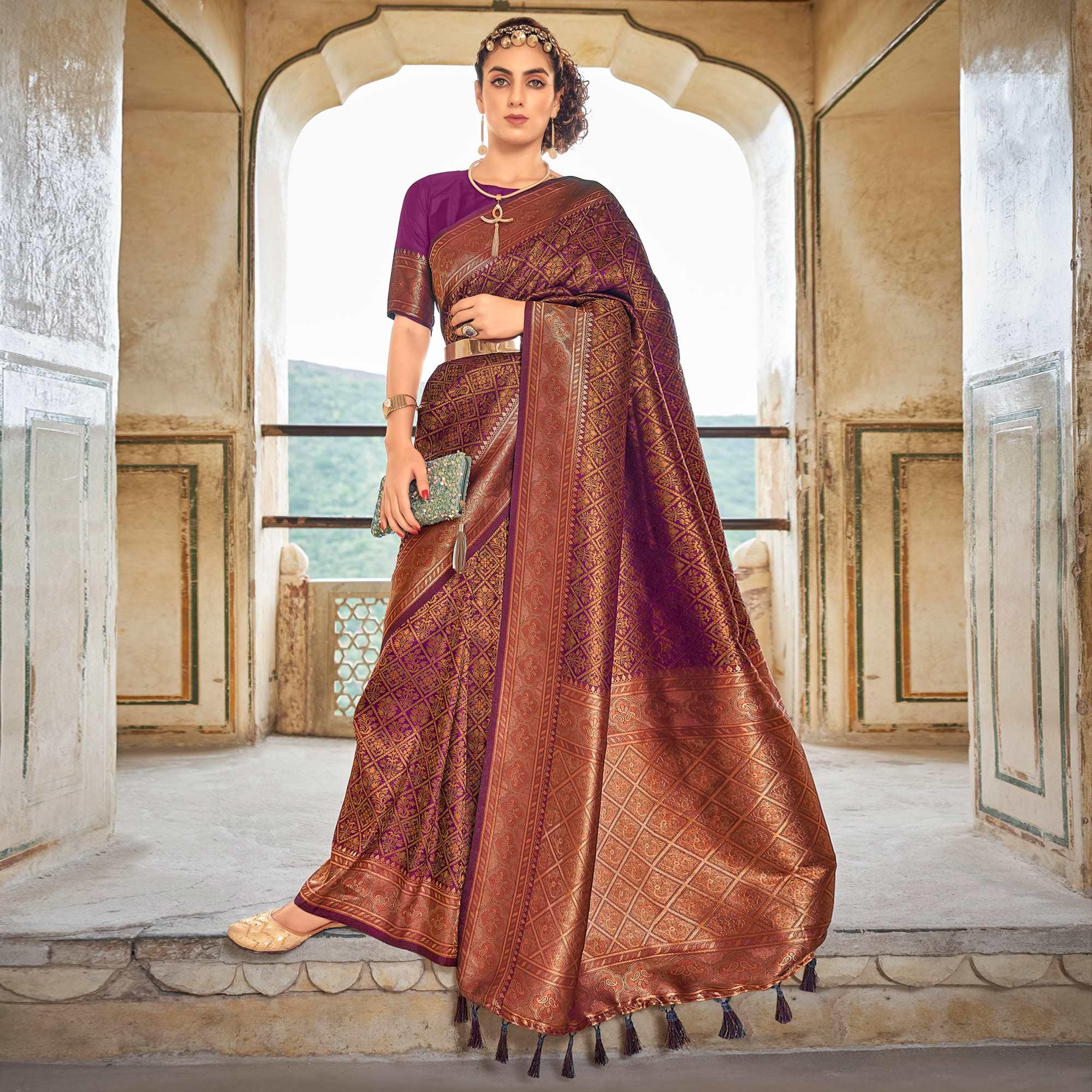 Purple Floral Woven Art Silk Saree - Peachmode