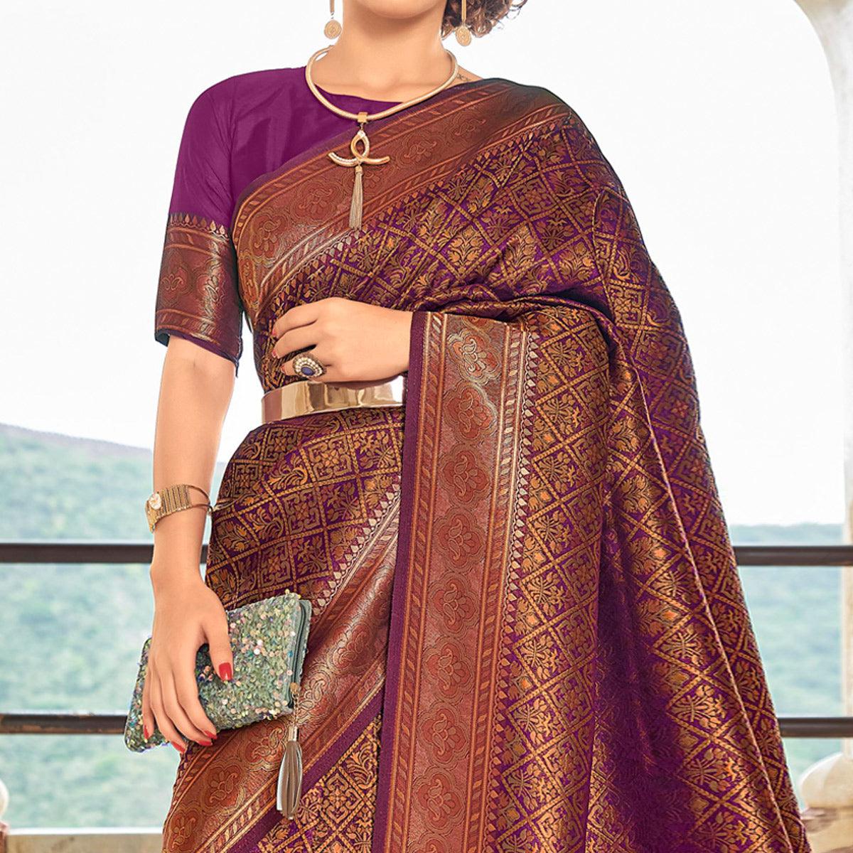 Purple Floral Woven Art Silk Saree - Peachmode