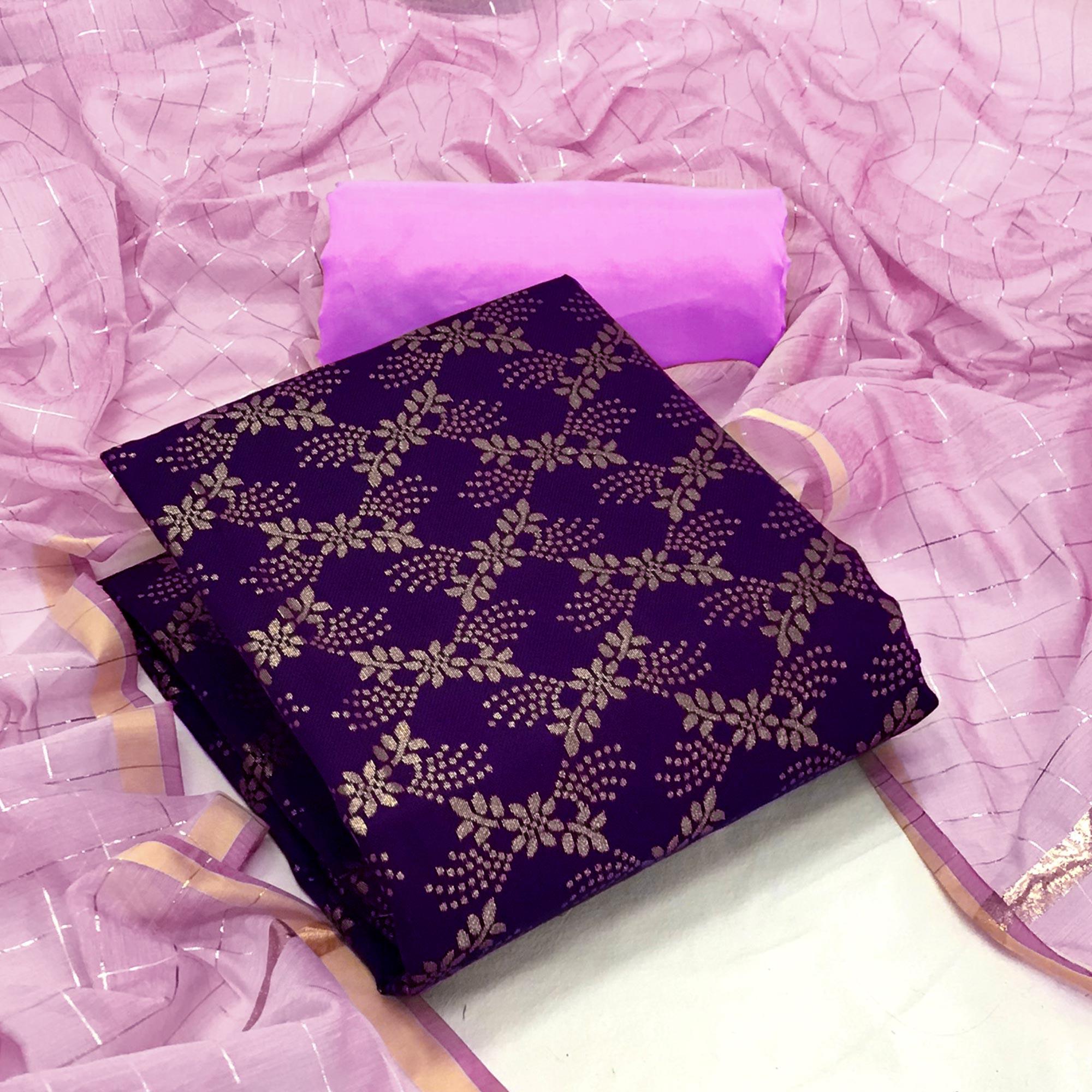 Purple Floral Woven Banarasi Silk Dress Material - Peachmode