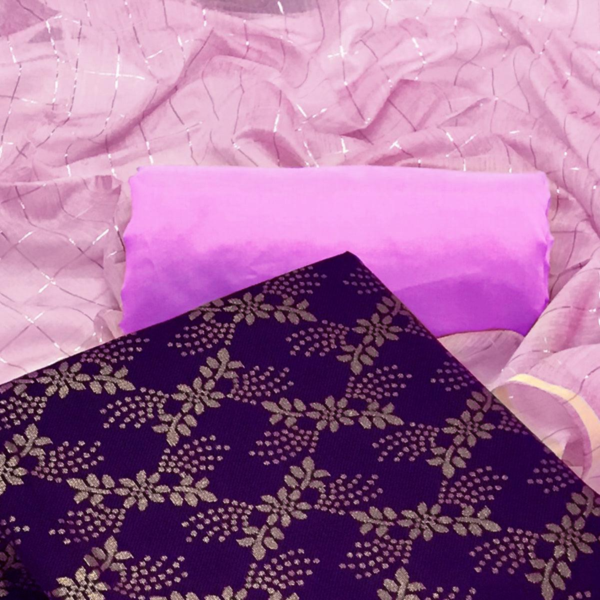 Purple Floral Woven Banarasi Silk Dress Material - Peachmode