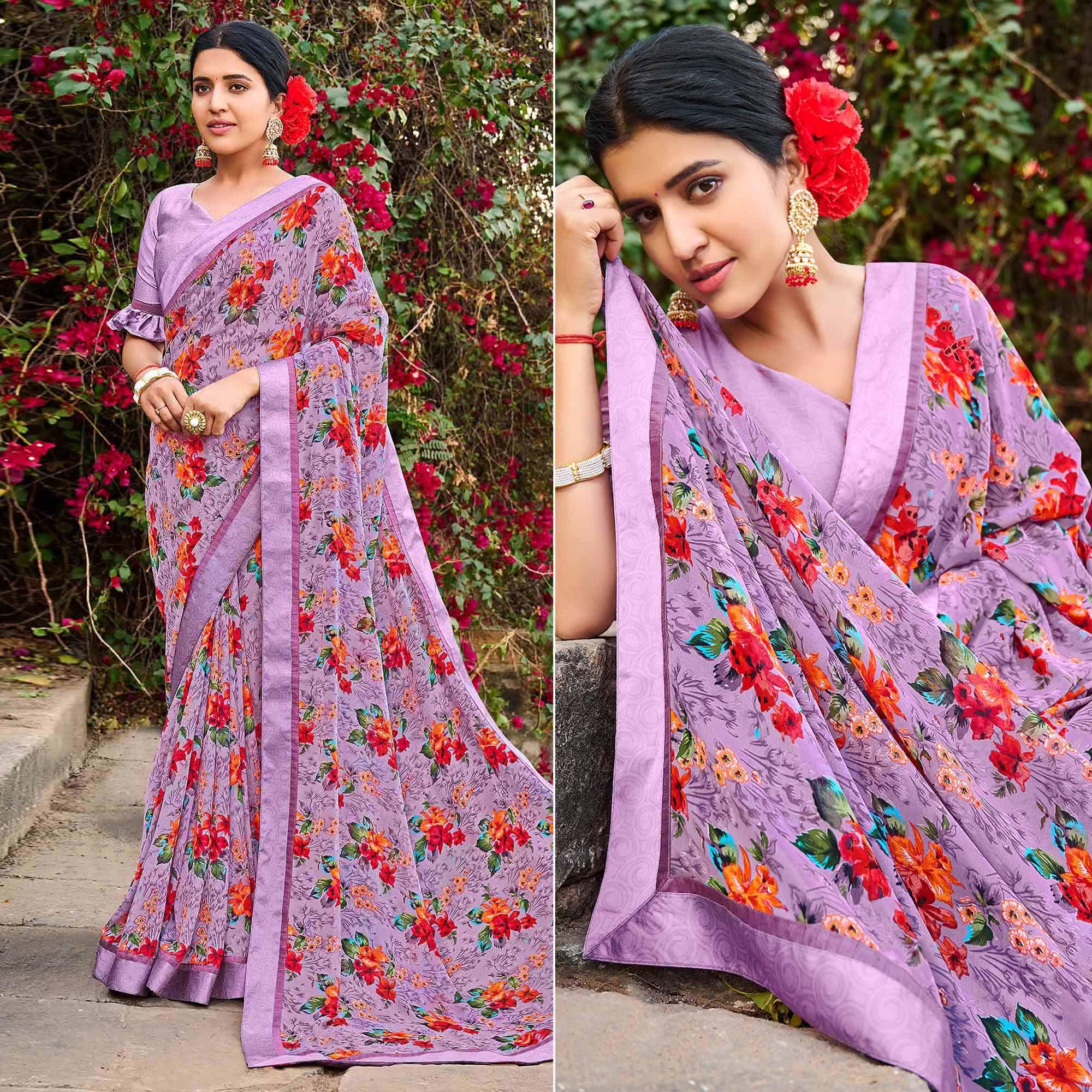 Purple Foil Printed Georgette Saree - Peachmode