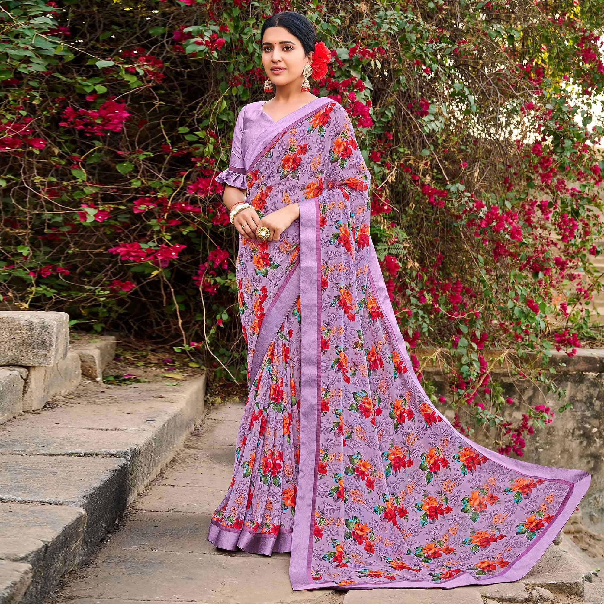 Purple Foil Printed Georgette Saree - Peachmode