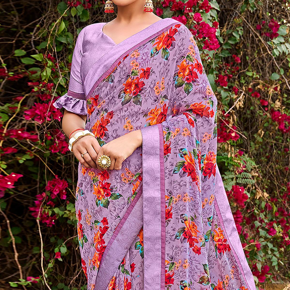 Purple Foil Printed Georgette Saree - Peachmode